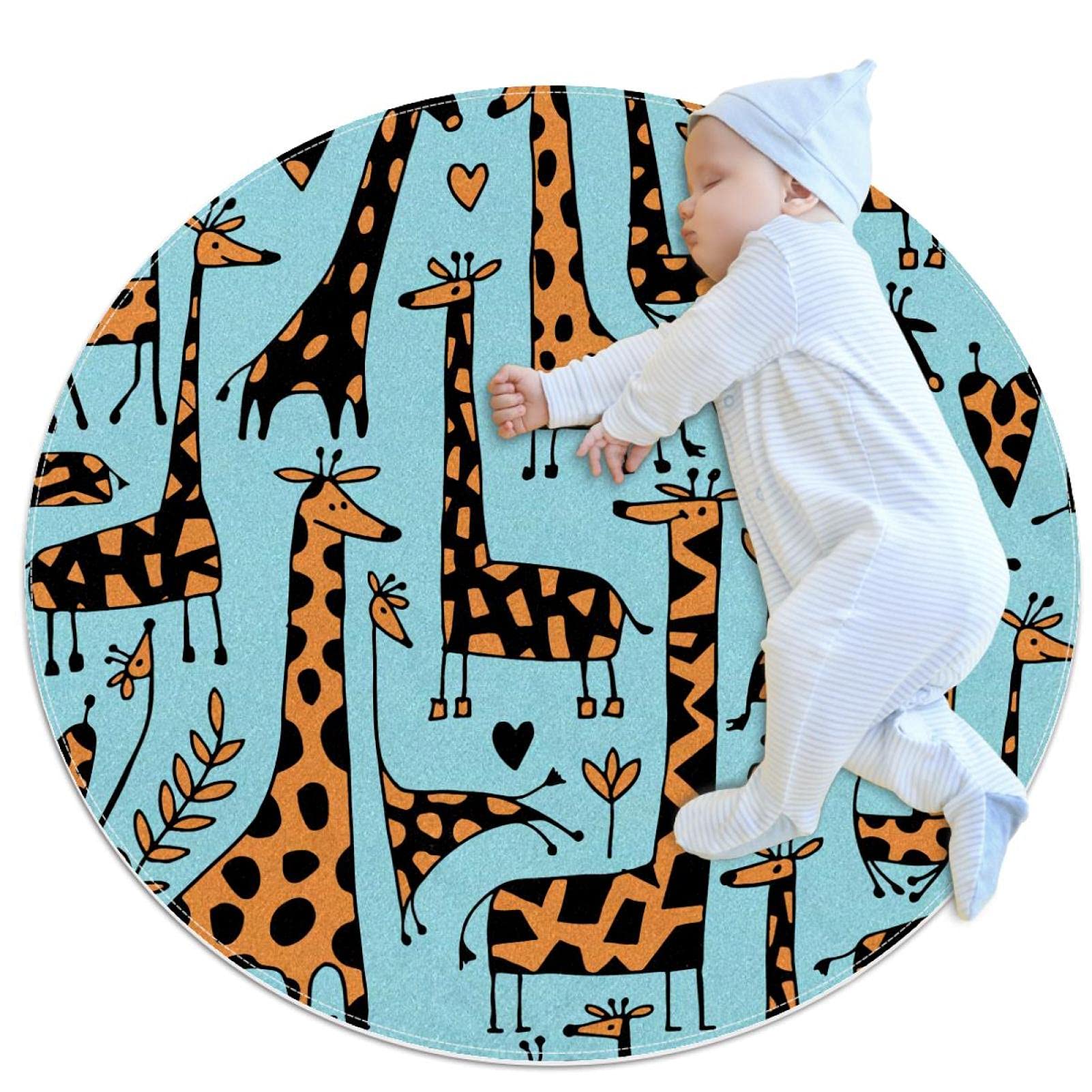 Tapis de salle de bain pour chambre d'enfant motif girafe bleu rond
