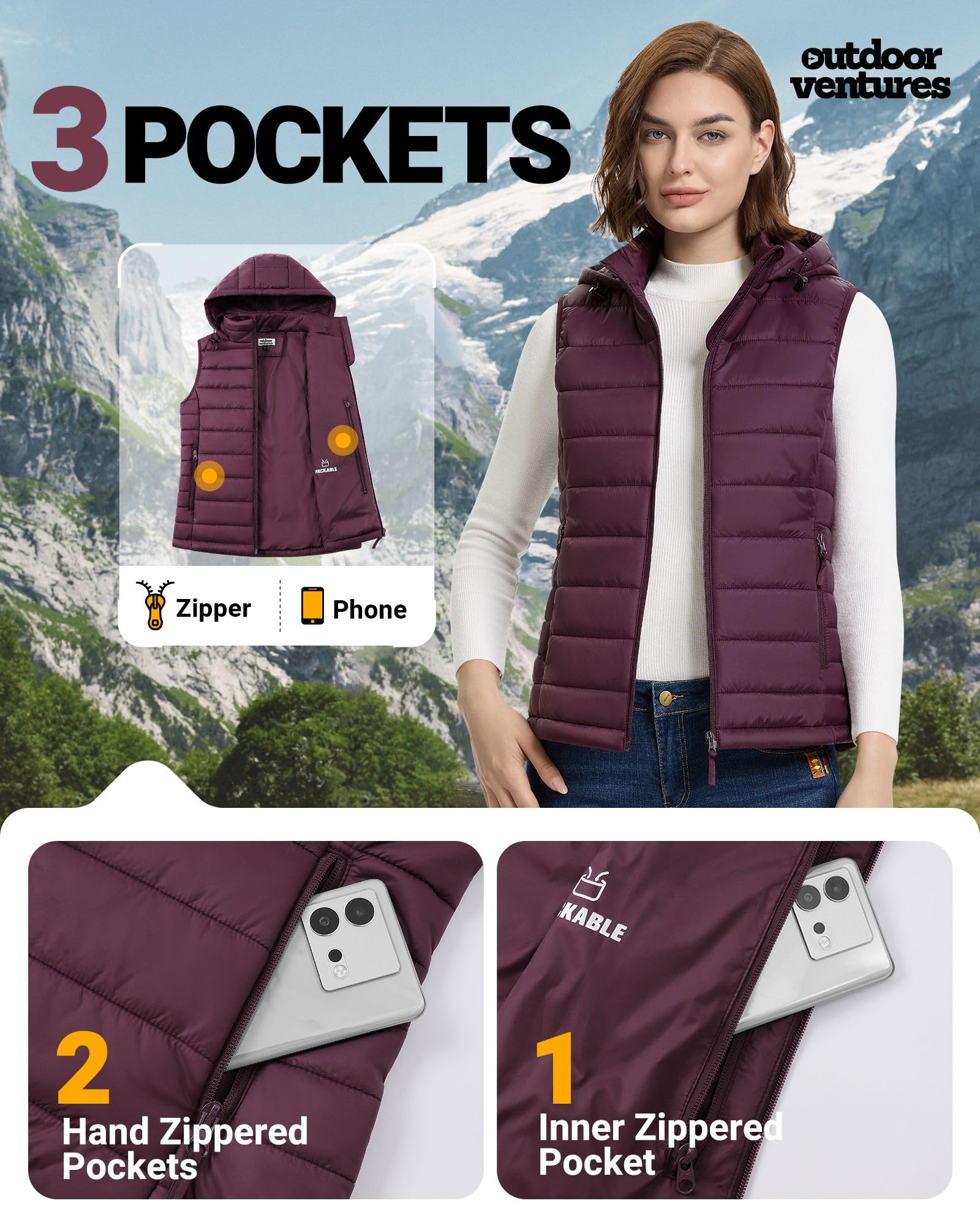 Outdoor Ventures Gilet trapuntato da donna con cappuccio, imbottito, per le mezze stagioni, imbottito, sportivo, da donna, caldo, con colletto alto, per escursioni, campeggio