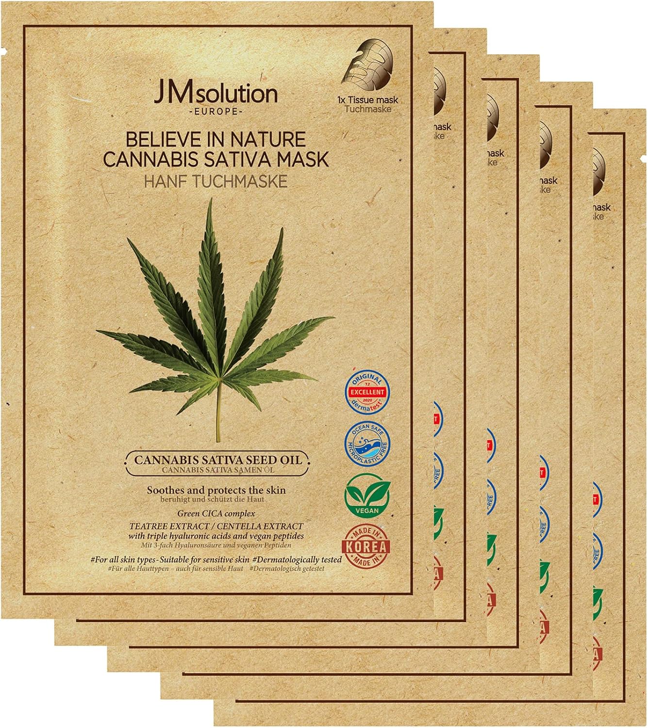 JMsolution Believe In Nature Hennep doekmasker, 5 stuks (gezichtsmasker, veganistisch, zuivere huid, hydraterend, spa feeling)