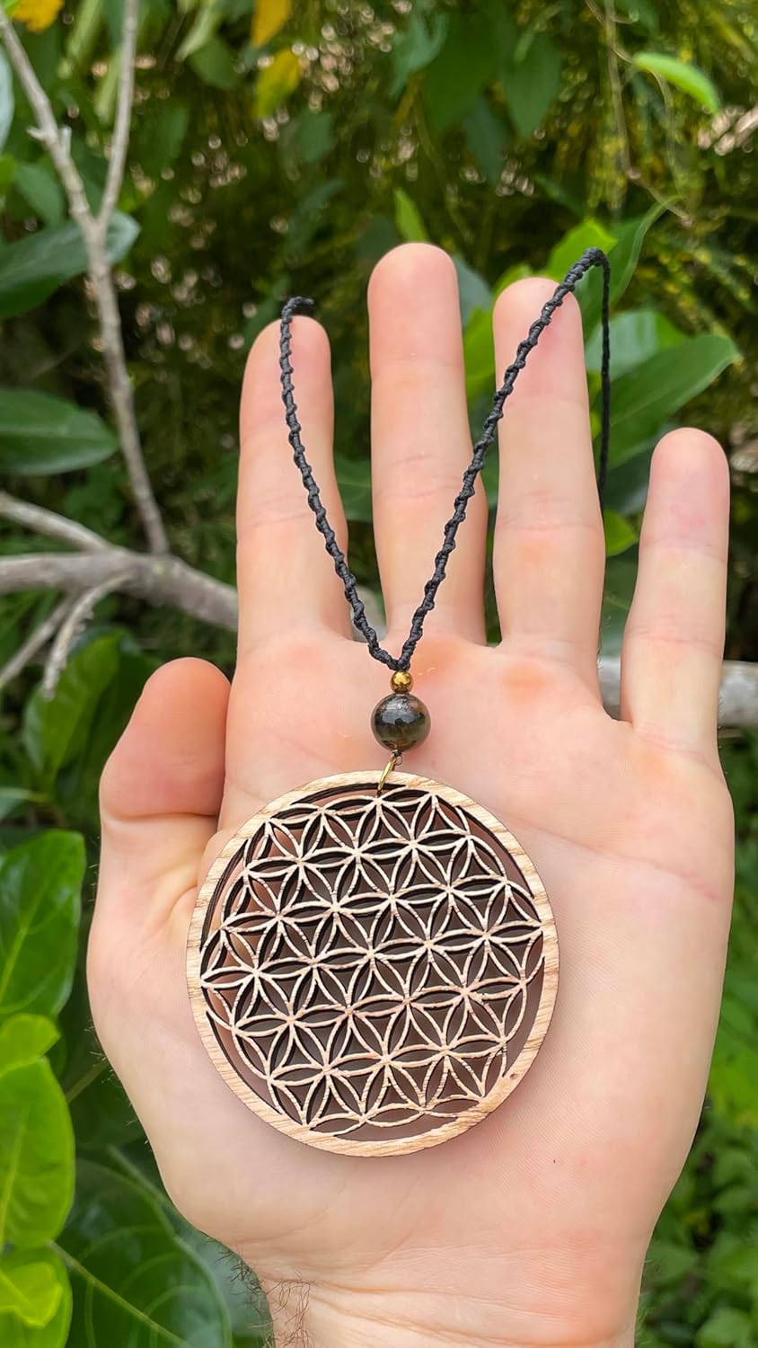 Flower of Life Abundance Pendant Necklace, Wooden Sacred Geometry pendant with Tiger Eye Natural Stone Bead by Goa Laser Factory