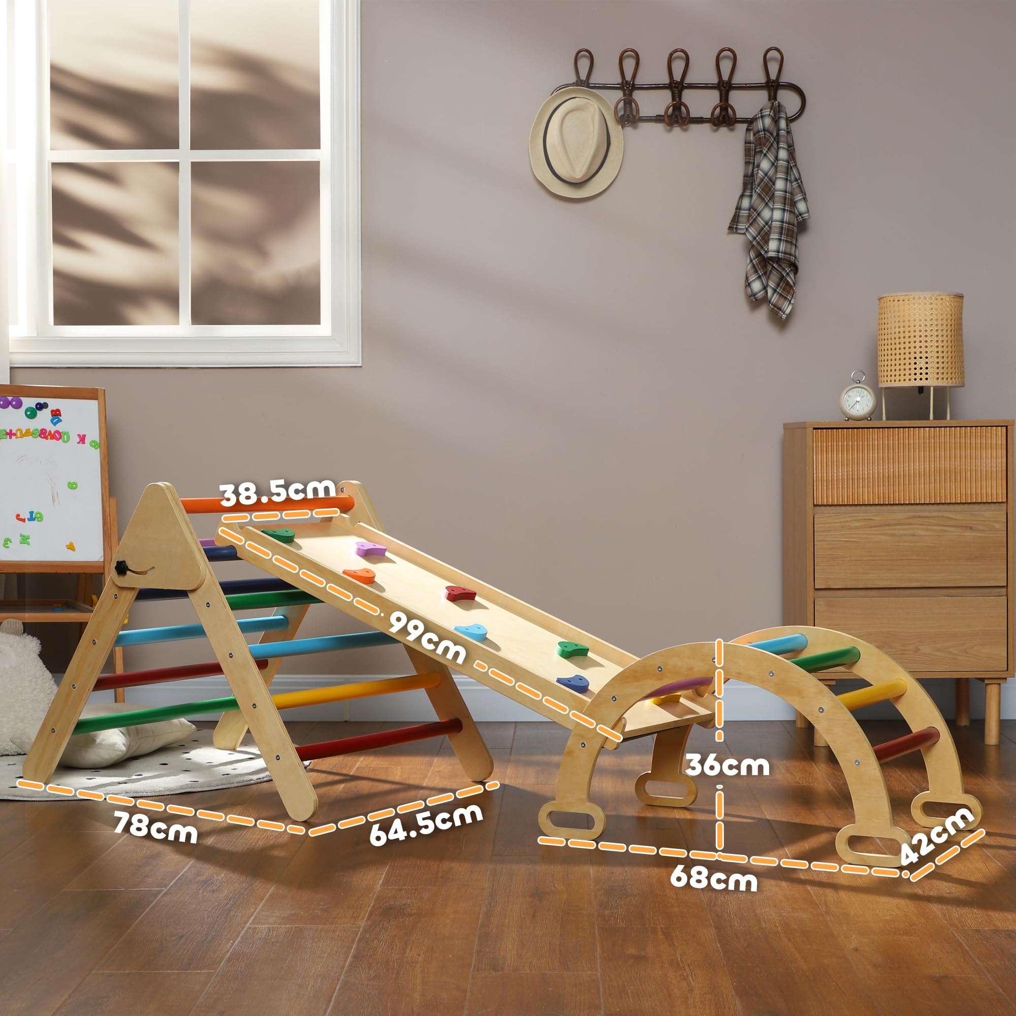 AIYAPLAY Gioco da Arrampicata 5 in 1 per 18-48 Mesi 178x64.5cm Multicolore | Gioco per Bambini, Pino Massello, Triangolo, Arco Montessori, Rampa con Pietre, Carico Massimo 50 kg