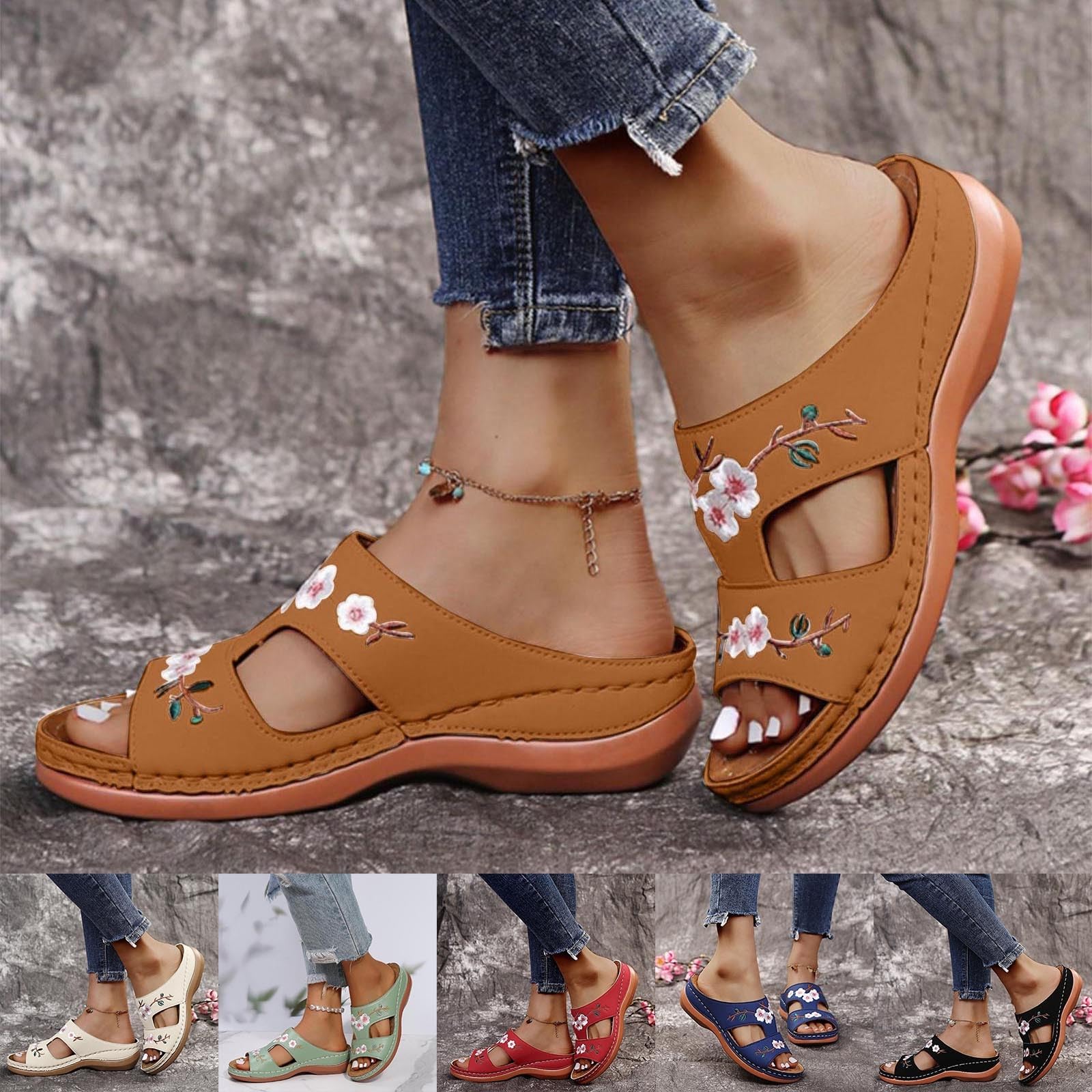 Sandales Orthopédiques Femme Été Confortable Mules en Cuir Mode Bout Ouvert Compensées Plateforme Pantoufles Fleurs Broderie Motif Sandales de Plage Femmes Décontractée Marche Sandale
