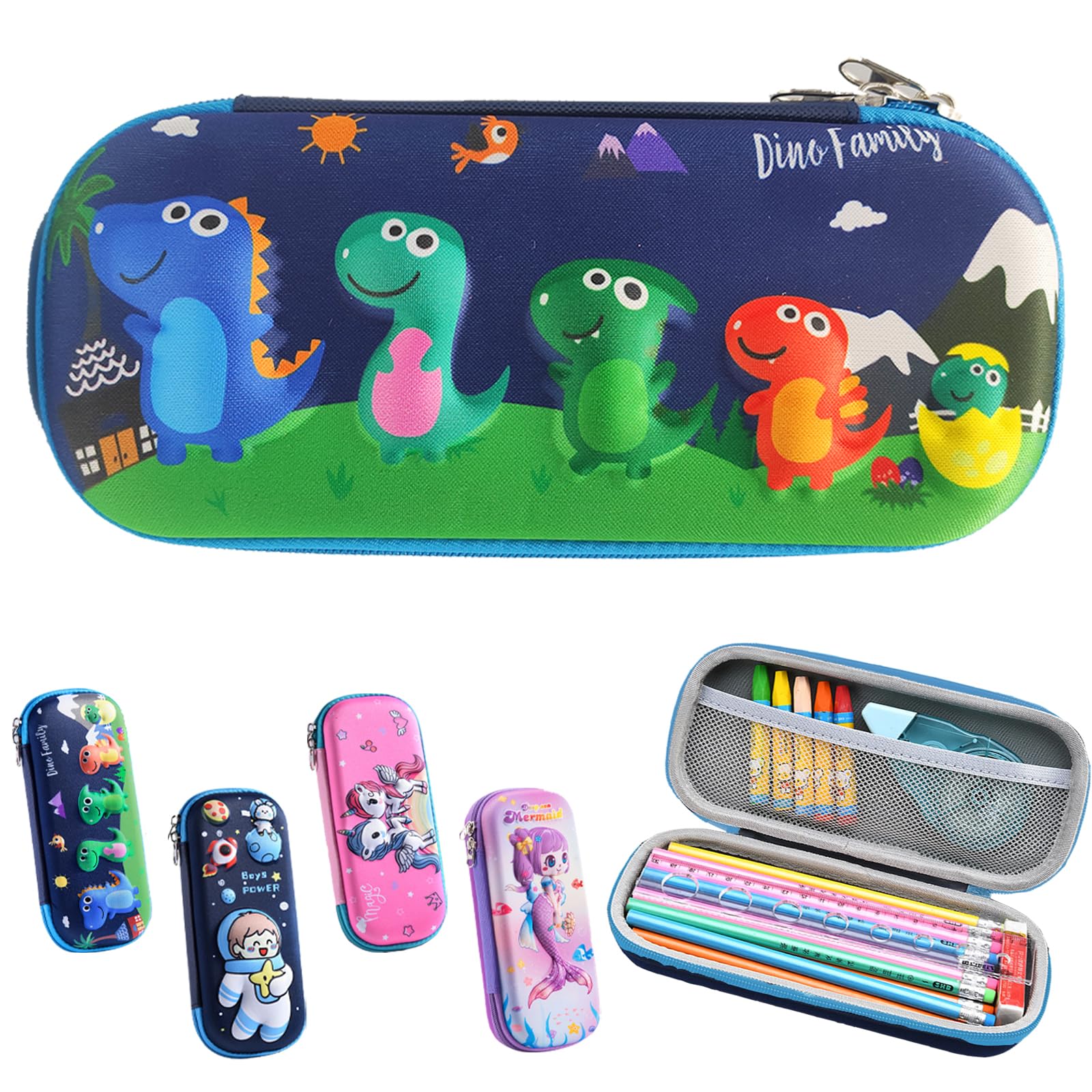 YOUYIKE Estuche Dinosaurio, Portátil Caja Papelería, 3D Estuche lapices Chico, Gran Capacidad Multifuncional con Cremallera, Azul Estuche Lapices, Estuche Chico Dinosaurio, Regalo para Chico
