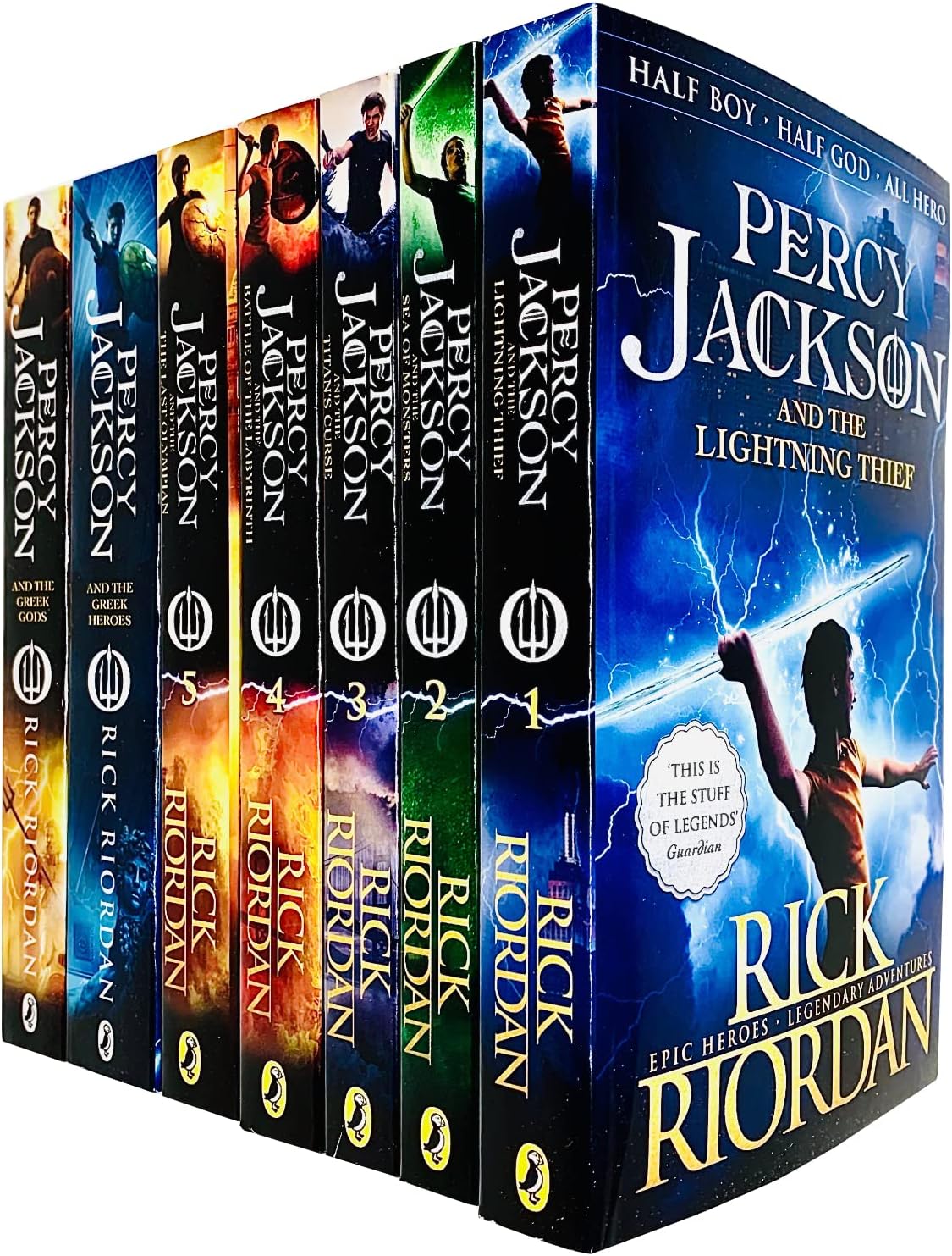 Percy Jackson Collection 7 Books Set By Rick Riordan (Lightning Thief, Sea of Monsters, Titan's Curse, Battle of the Labyrinth, Last Olympian, Greek Heroes, Greek Gods)