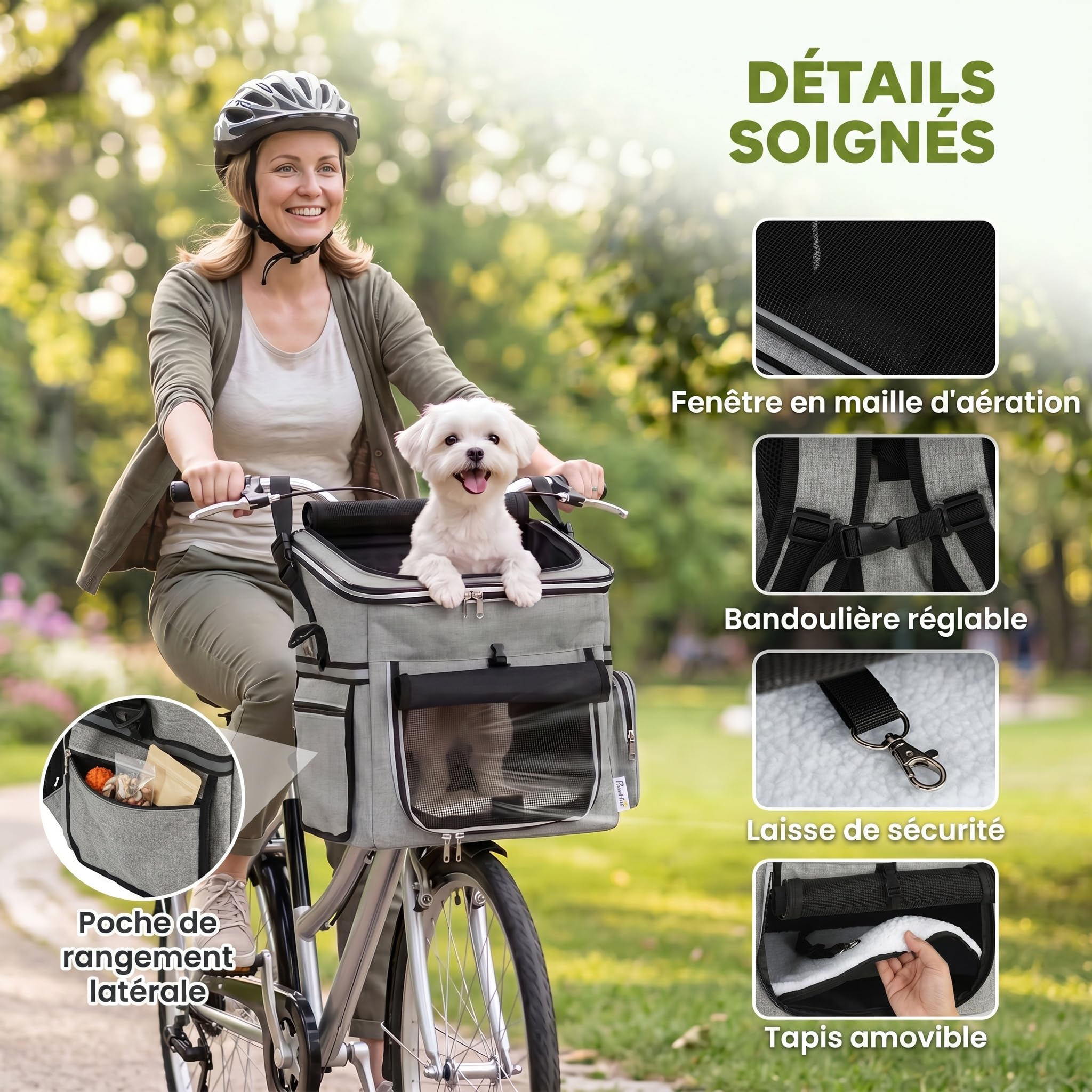 PawHut Cestello da bicicletta Anteriore per Cani Gatti, Cestino Bici Anteriore Portatile con Guinzaglio di Sicurezza, Base Rigida Rimovibile, Coperchio Staccabile, Cuscino Soffice, Finestre e Porta