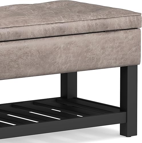 Miniatura 11 de SIMPLIHOME Cosmopolitan - Banco otomano rectangular de transición de 44 pulgadas de ancho con parte inferior abierta en piel sintética vegana gris