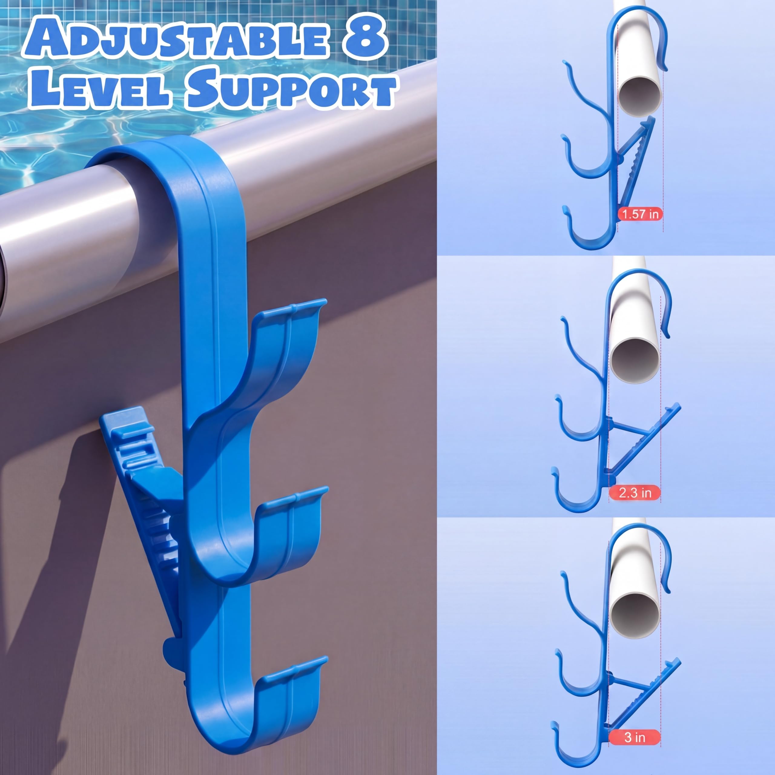Chumia Confezione da 4 ganci per pali da piscina con 3 ganci, organizer regolabile a bordo piscina, accessori per piscina fuori terra, con asta di supporto per rete skimmer, spazzola, tubo di
