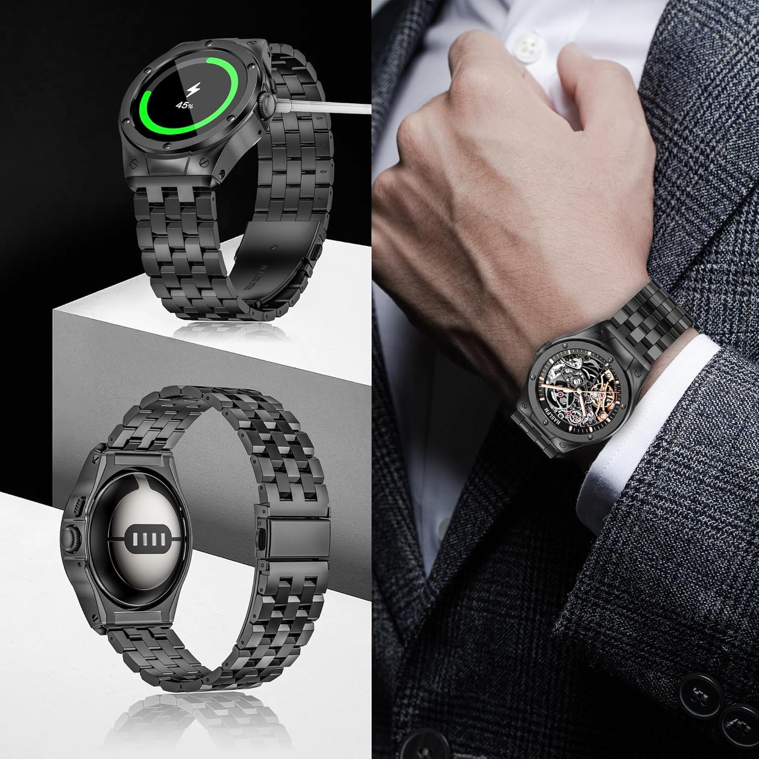 Stainless Steel Case with Band Compatible for Google Pixel Watch 3 45mm /Pixel 3/2/1 41mm, Rugged Metal Wristband Strap with Protector Bumper Cover for Men