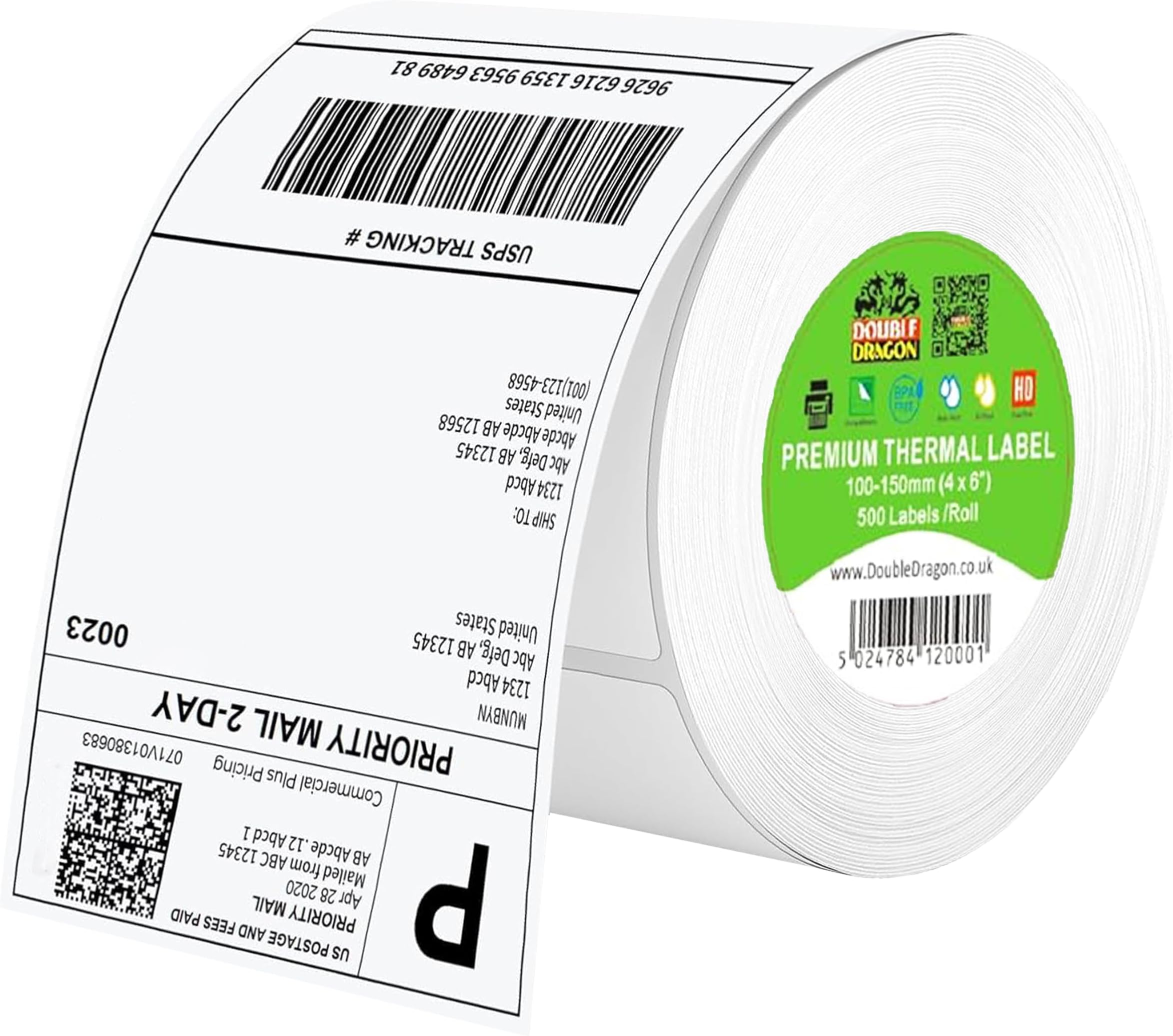 Double Dragon 100 x 150 mm (4"x6") Direct Thermal Shipping Labels – 500 Premium White Self-Adhesive Labels Roll Compatible with Zebra & MUNBYN Printers for Amazon, Royal Mail [1 Roll]