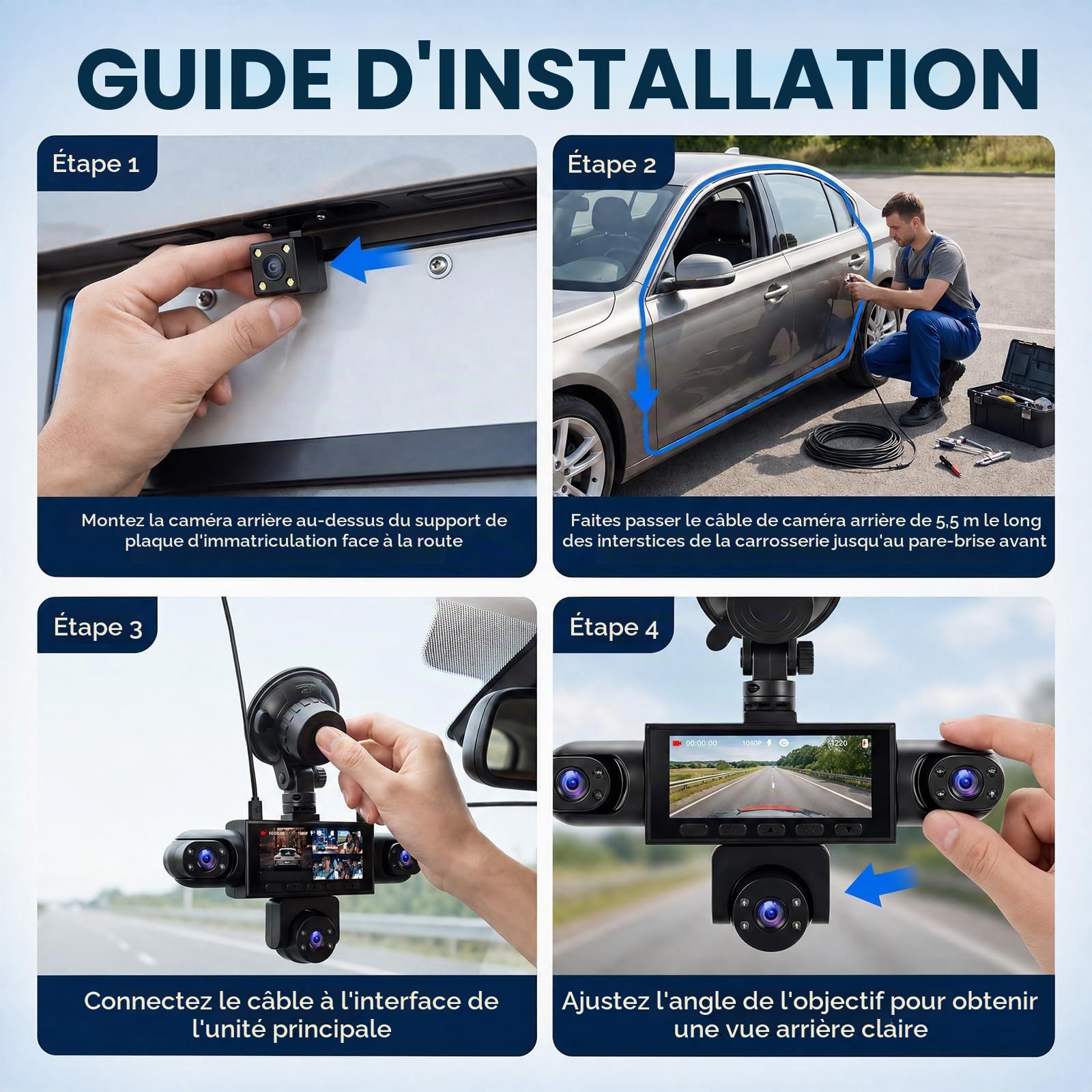 CAMECHO Dash Cam 5 Canaux, Caméra Frontale 1080P 150 °+4 Caméras latérales 480P 120 °, 3,16 Pouces Dash Cam, Enregistrement en Boucle, Vision Nocturne et Détection de Mouvement