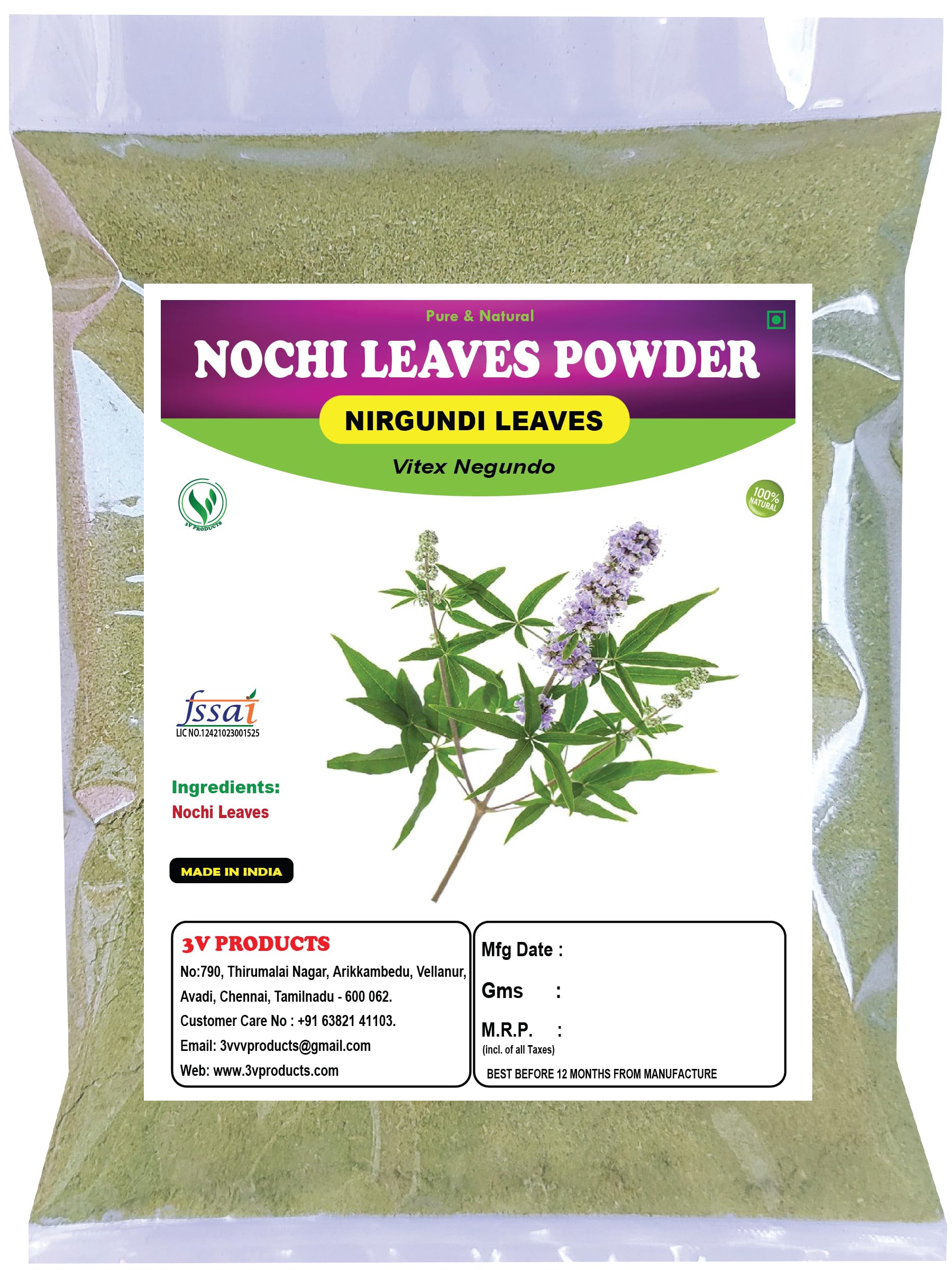 3V PRODUCTS Nochi Leaves Powder 200g | Nirgundi leaves | Vitex Negundo | Sambhalu | Chaste Tree 100% Natural for Health Benefits (Pack of 2x100g) (B08JCW6HXJ) Amazon Price History, Amazon Price Tracker