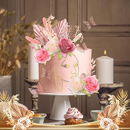 Miniatura 5 de MTLEE 51 piezas de decoración bohemia rosa para tartas de oro rosa, decoración de flores de pastel de feliz cumpleaños, decoración de pastel