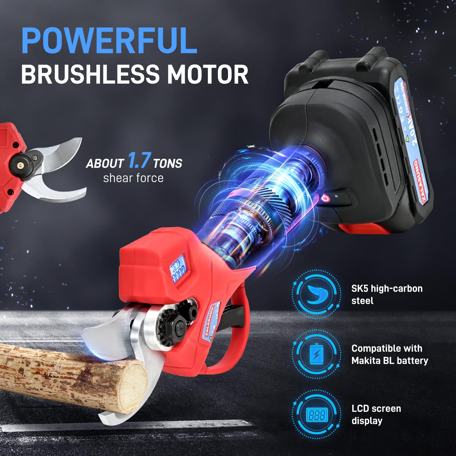 Tijeras Podar Eléctricas con Batería, Compatible con Baterías Makita BL, con 2 baterías 2000 mAh 21 V, 35 mm Motor sin Escobillas con Interruptor Seguridad y Podómetro