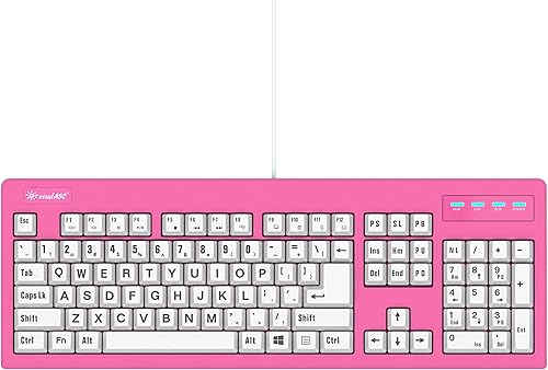 Miniatura 2 de Impresión grande de 104 teclas USB con cable de 7 pies, resistente a derrames, rosa intenso y blanco, teclado duradero para laptop, Mac, TV y