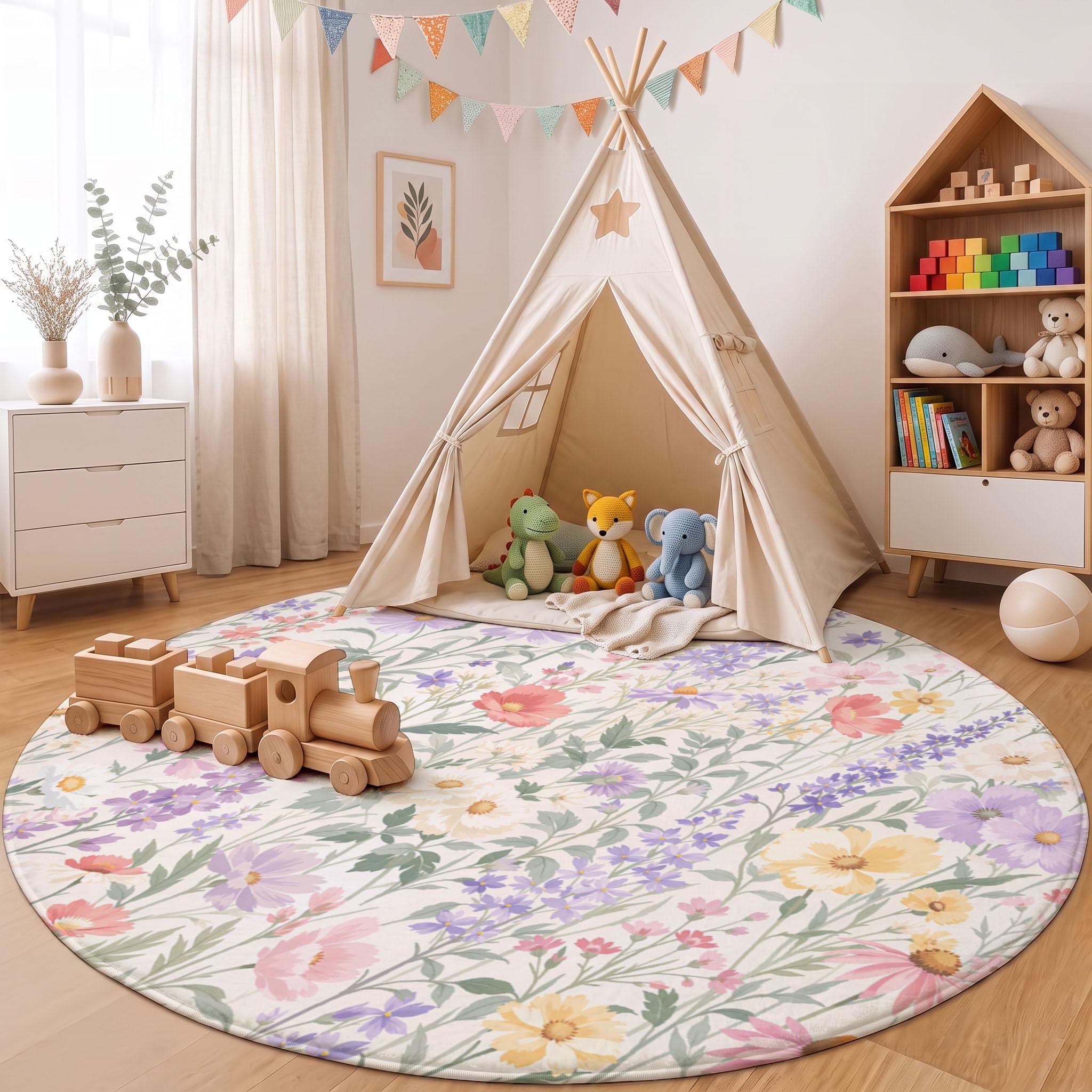 Tapis Rond Lavable Cosmos Delphinium 100cm | Tapis Fleurs Rustiques Fraîches Antidérapants Salon Lavable en Machine pour pour Salle à Manger, Entrée, Cuisine, Violet Clair