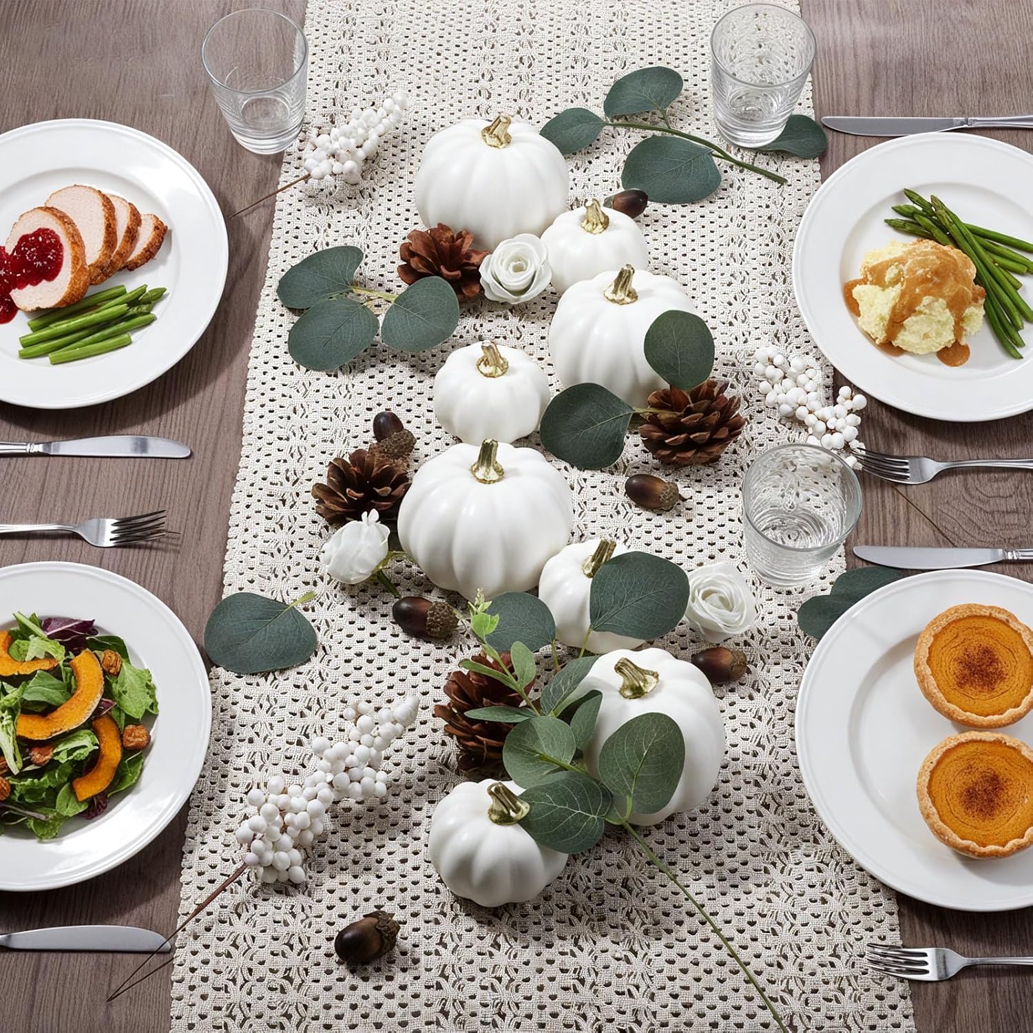 Artificial Pumpkin Eucalyptus Leaves Fall Decor, 56 PCS Fall Harvest Decorations for Halloween Thanksgiving with Pumpkins Acorns Pinecones Berries Leaves for Farmhouse Table Tiered Tray(White)