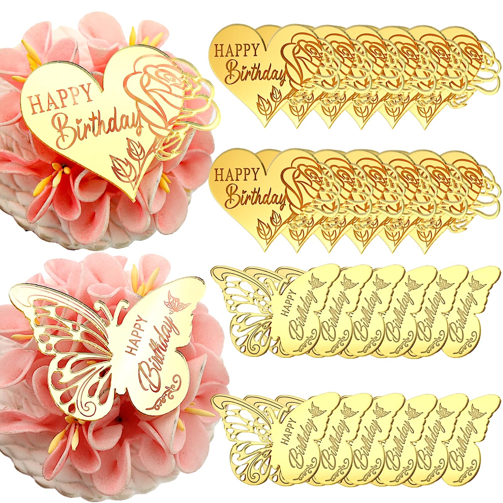 Happy Birthday Cake Decorations, 24 Pieces Gold Mirror Acrylic Toppers, Rose Heart and Butterfly Designs