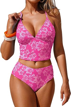 ZAFUL Women Cute Floral Tankini Swimsuit High Waisted Tankini Set Modest Full Coverage Two Piece V Neck Summer Swimwear