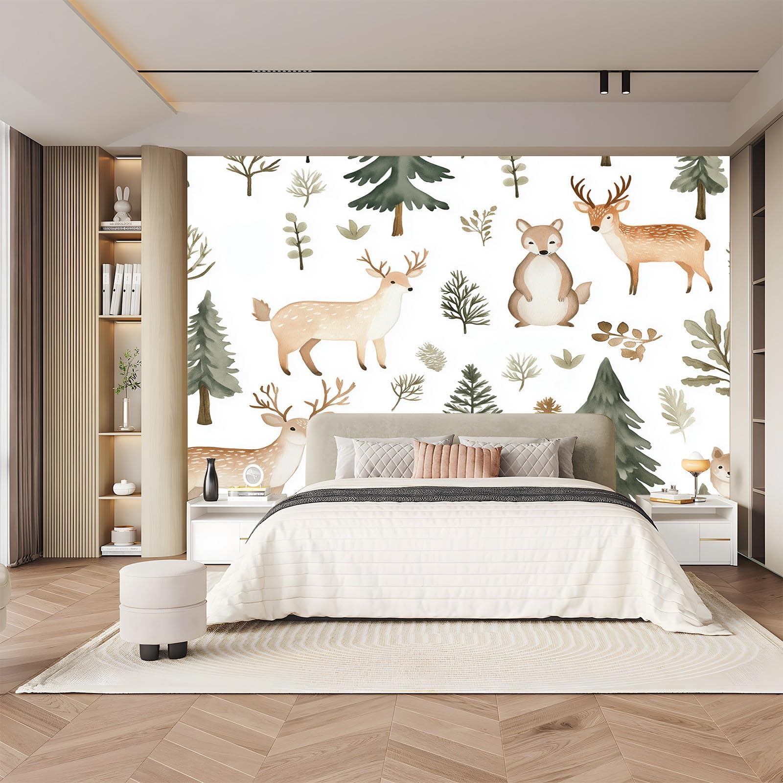 Tapety 350 x 256 cm Nowoczesna Akwarela Tapety Zwierzęta i drzewa Włóknina Dekoracja ścienna Wystrój domu Malarstwo Ścienne Biały Zielony Do Salonu Sypialnia Dekoracje Ścienne