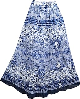 Womens Long Skirt Blue Printed Cotton Summer Drawstring Lace Work Boho A-LIne Skirts S/M