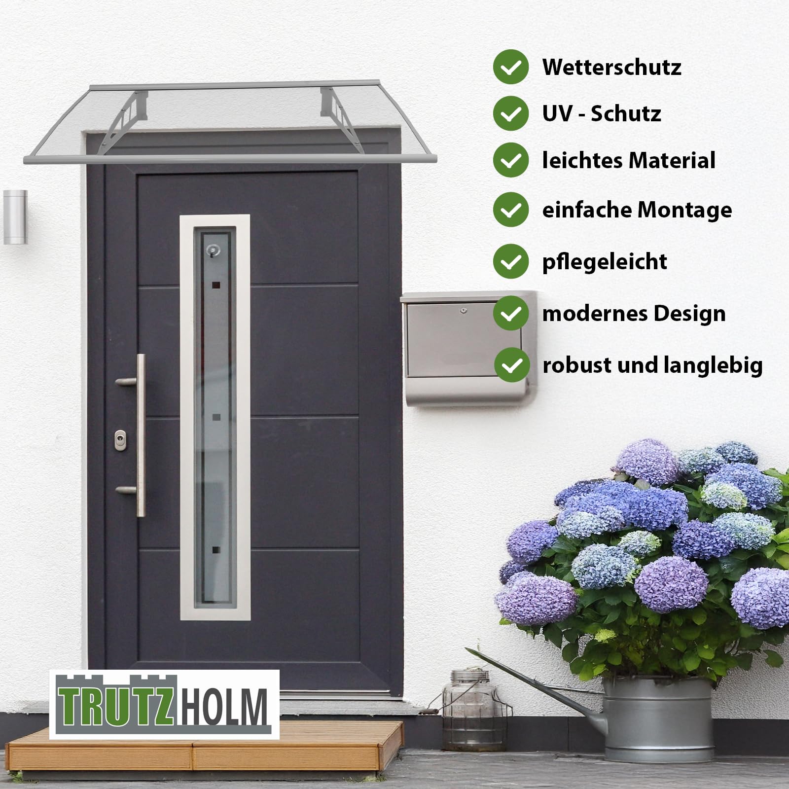 TRUTZHOLM Vordach für Haustür aus Aluminium und Polycarbonat 115 x 80 cm Haustürvordach Pultvordach Türdach Türvordach Haustür Dach