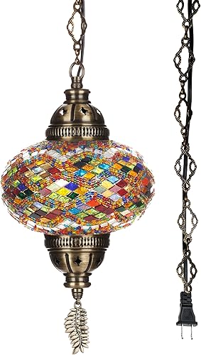 Miniatura 2 de DEMMEX Lámpara colgante enchufable de mosaico turco auténtico tipo swag, globo grande de 6.5 pulgadas - Lámpara de techo colgante marroquí - Cable y