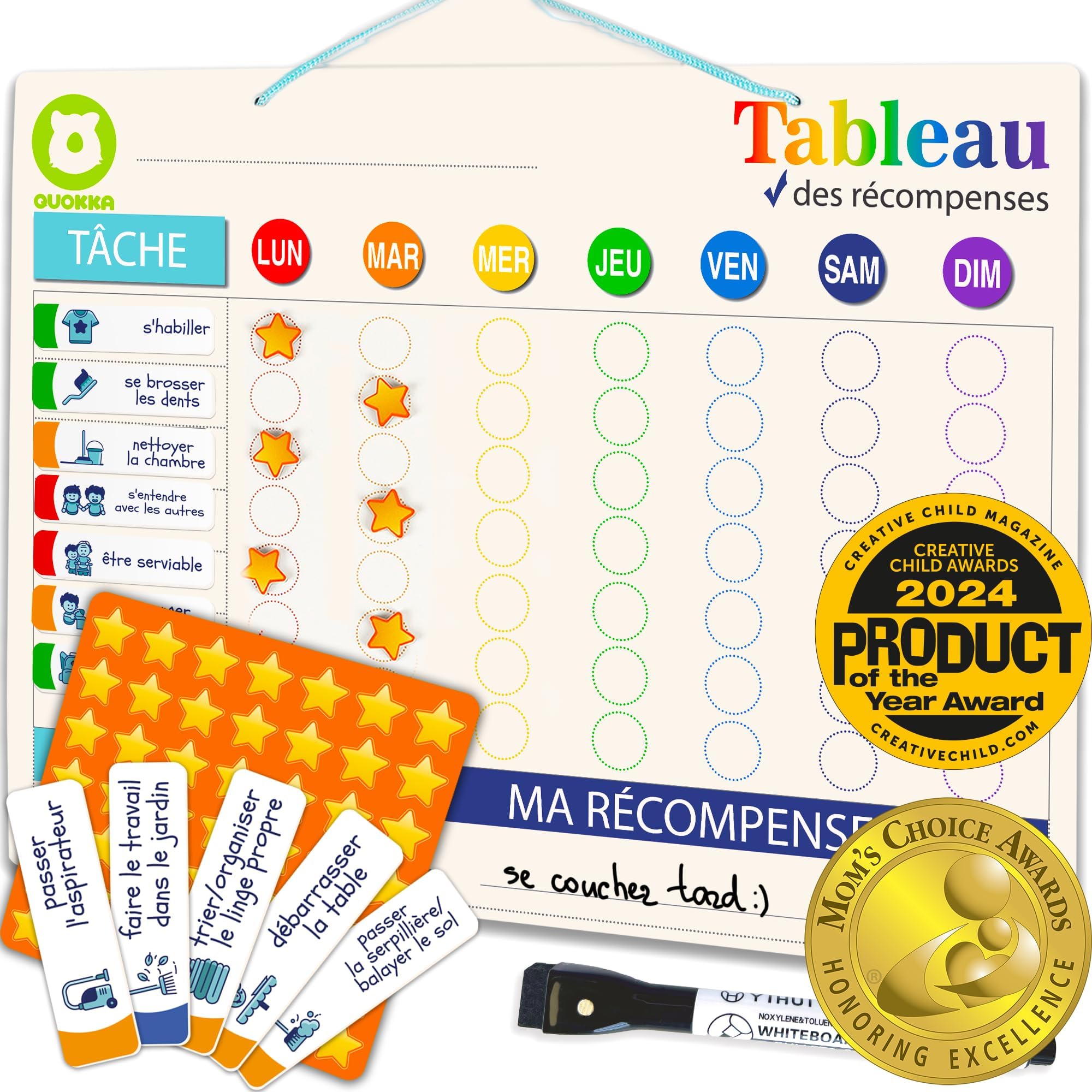 QUOKKA Tableau Magnétique pour Enfants - 40,6x30,5 cm Planificateur Visuel Récompenses - Ardoise Comportement Enfants 84 Aimants 102 Étoiles - Routine Responsabilité - Version Française