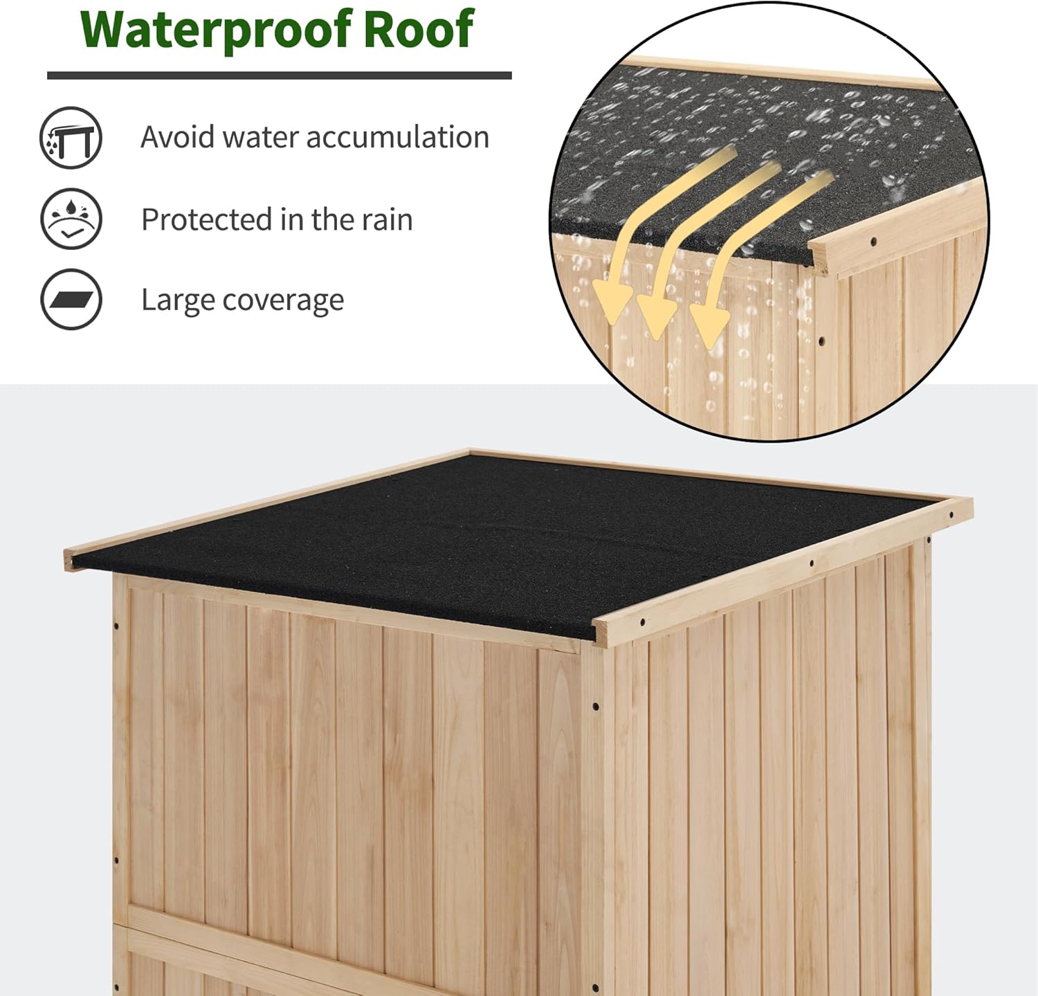 Close-up of the MCombo wood storage shed's asphalt roof, illustrating its waterproof design and ability to shed water.