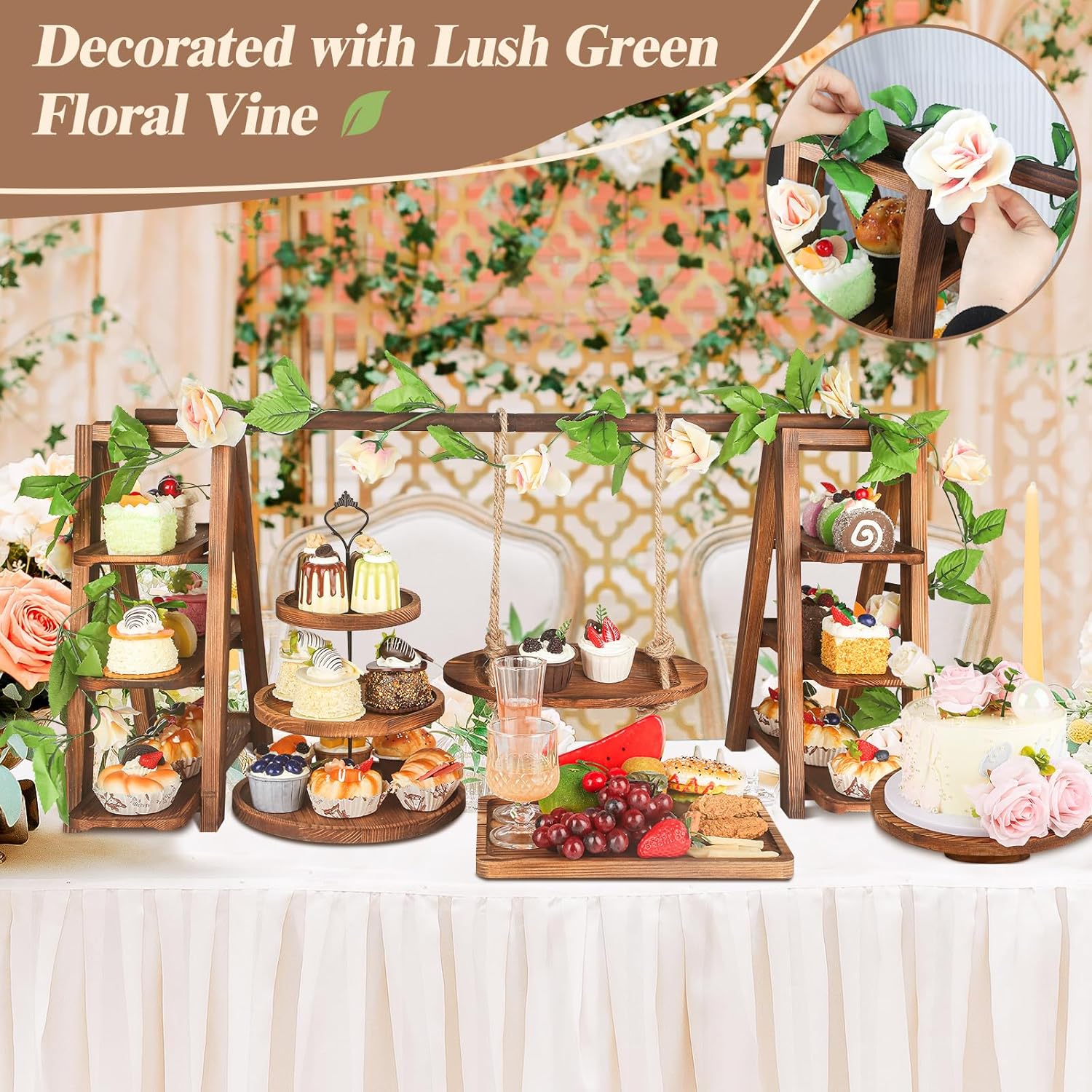 4 Pack Wooden Cake Stand Set 3 Tier Swing Cupcake Stand with Floral Decor, Square & Round Trays, Foldable Ladder Display for Cakes, Snacks, Fruit, Bread, Party & Catering Use