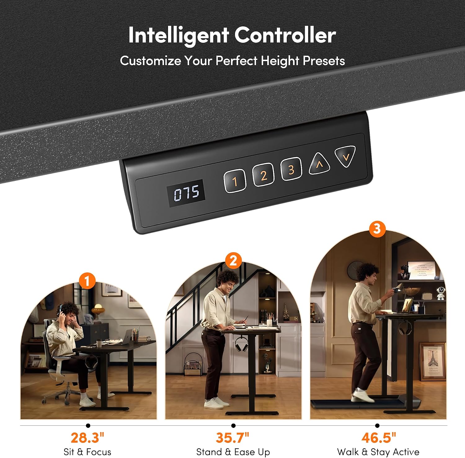 Close-up of the FEZIBO standing desk's intelligent controller with buttons for up, down, and three memory presets.