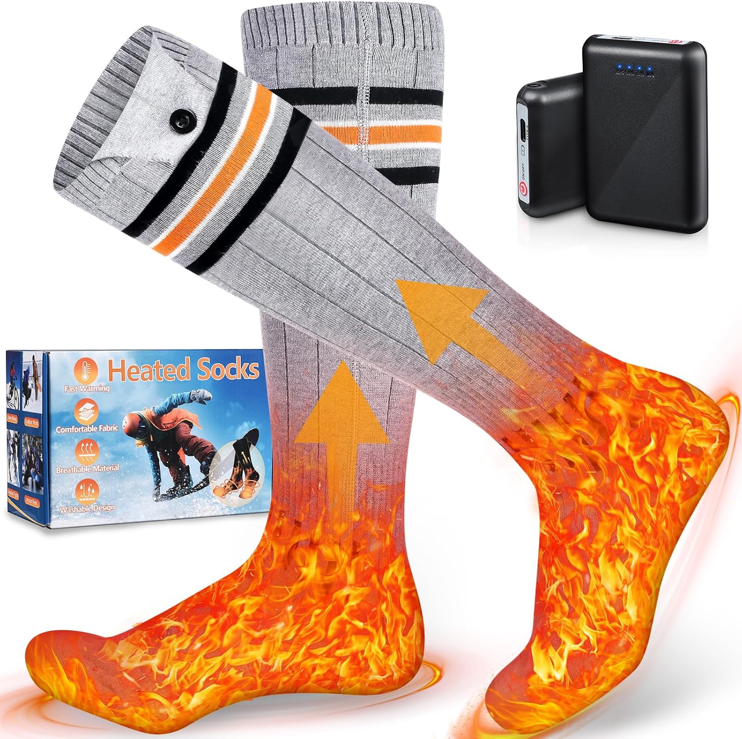 Heated Socks for Men Women, 5000mAh Electric Battery Heated Socks Rechargeable with 4 Heating Levels, Cold Weather Foot Warmer Heating Socks Washable for Hunting Skiing Camping Winter Outdoors