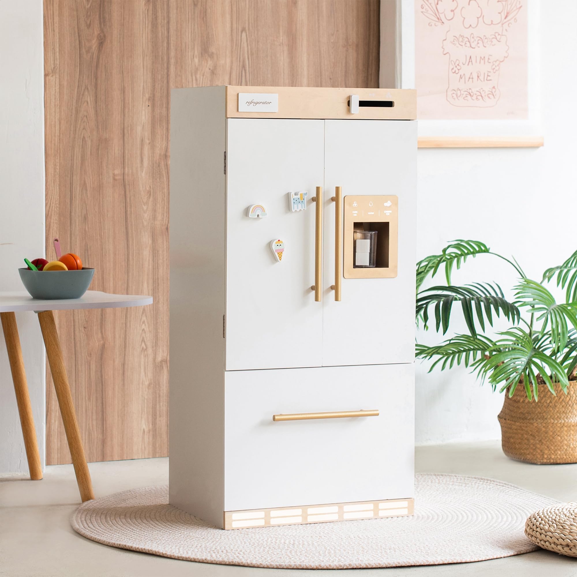 Photo 1 of *Missing Piece* Wooden Play Kitchen Fridge – Interactive Ice Maker, Double Door Storage & Creative Fridge Magnets, Pretend Play Refrigerator for Boys & Girls 3+