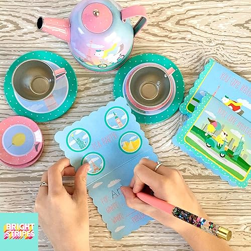 Miniatura 6 de Bright Stripes Juego de té para niños, juego de té de lata para niñas y niños, incluye tetera, tazas, platillos, platos, bandeja, invitaciones y
