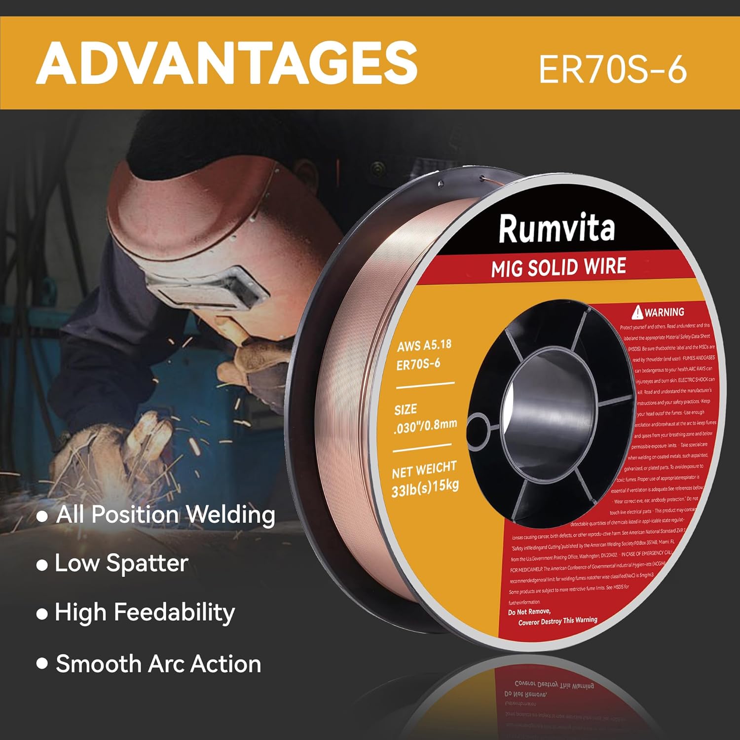 Mig Welding Wire - ER70S-6 .030"(0.8 mm)- 33 Pound Spool - Mild Steel MIG Solid Welding Wire,Low Splatter and High Levels of Deoxidizers