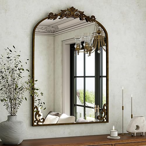 Miniatura 2 de 36"x 24" Arched Bathroom Mirror, Wall-Mounted Mirror with Carved Metal Frame & Bottom Art Carved, Vanity Mirror for Home Decor, Hanging Wall Mirror