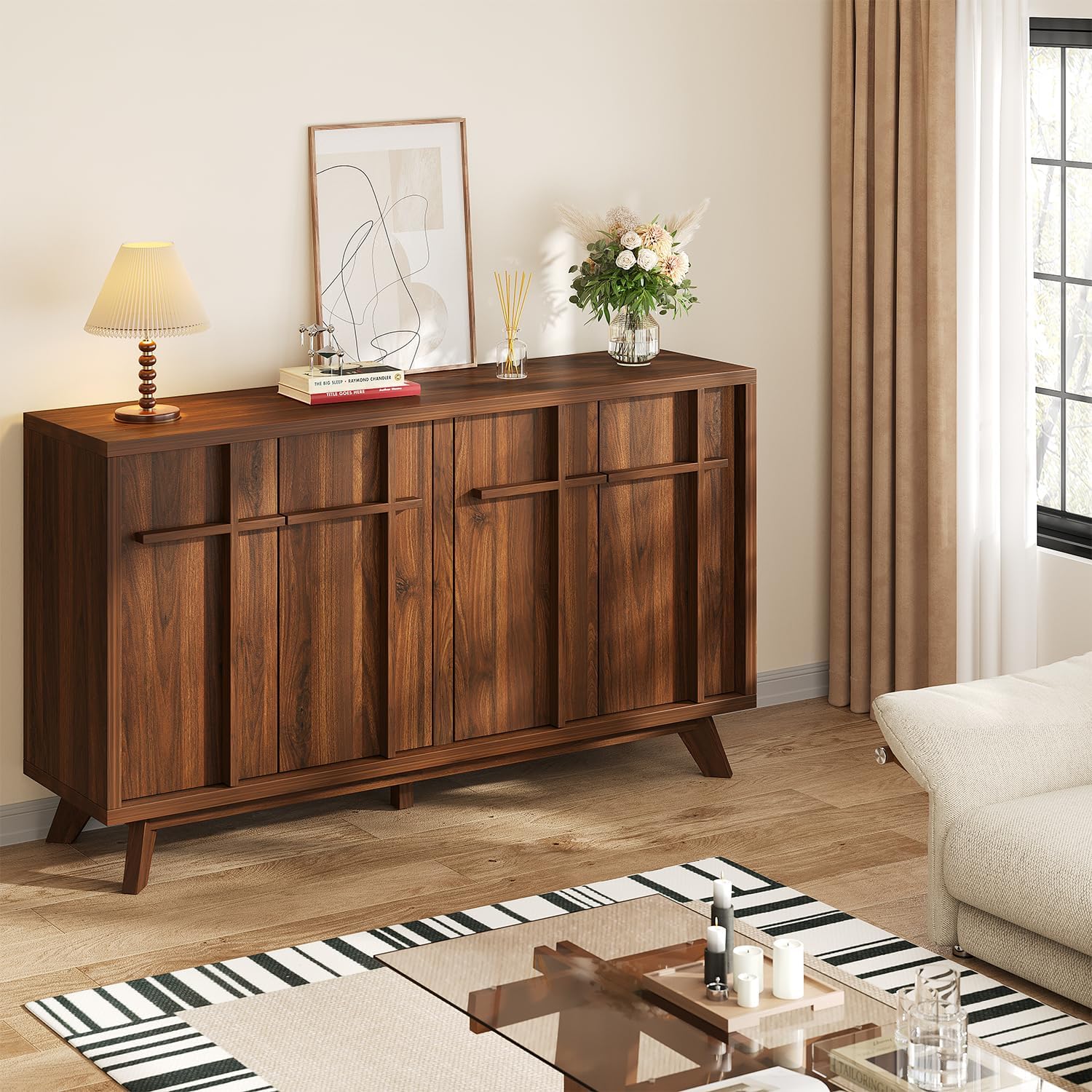 Sideboard Buffet Cabinet with Storage, 59" Modern Credenza with 4 Doors & Adjustable Shelves, Wood Console Cabinet for Living Room Kitchen Dining Room Hallway (Walnut) - Image 8