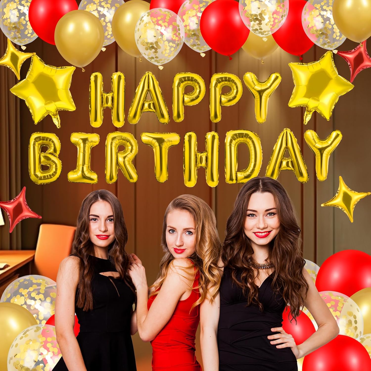 Gold Happy Birthday Balloons Decorations Red and Gold Birthday Balloon Letters Banner with 6 Pcs Star Balloons Red Artificial Rose Petals 24 Flameless LED Candles for Room Golden Bday Party Supplies