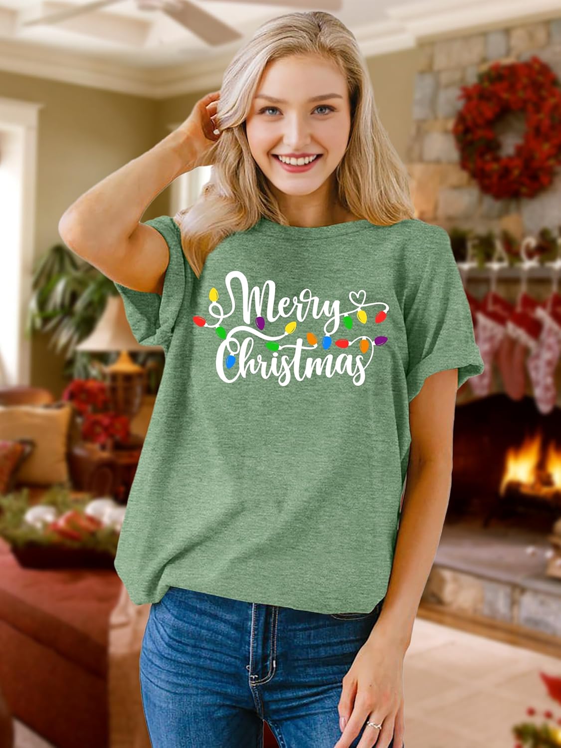 Womens Christmas Light Shirt: Merry Christmas Tee Shirts Xmas T-Shirt Christmas Bright Short Sleeves Top - Image 3
