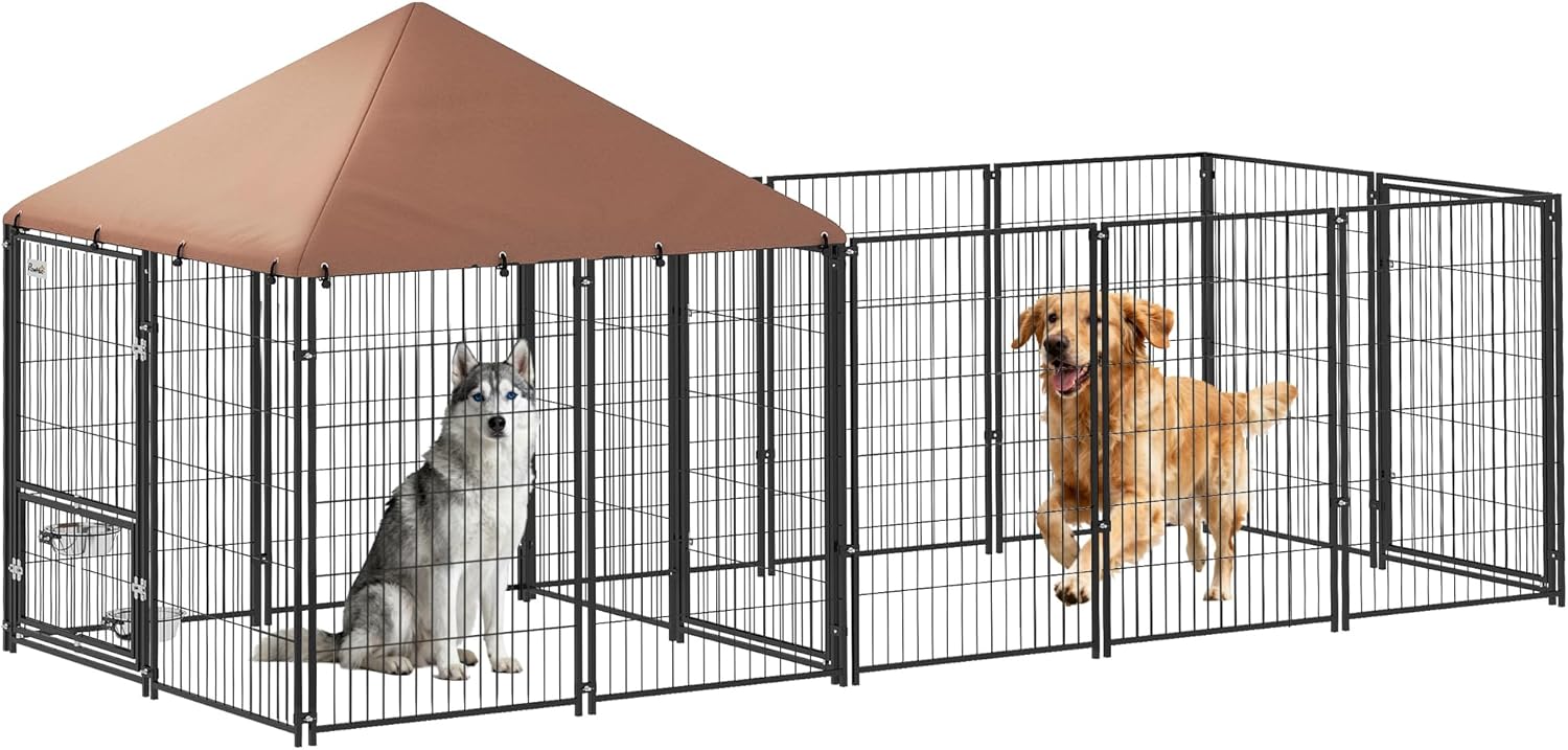 PawHut Dog Kennel Outside with 1 Room, Large Outdoor Dog Kennel Run w/Rotating & Adjustable Bowls, Waterproof & UV-Resistant Canopy, Welded Wire Pet Enclosure for Yard Garden, 11.3' x 4.7' x 5.1'