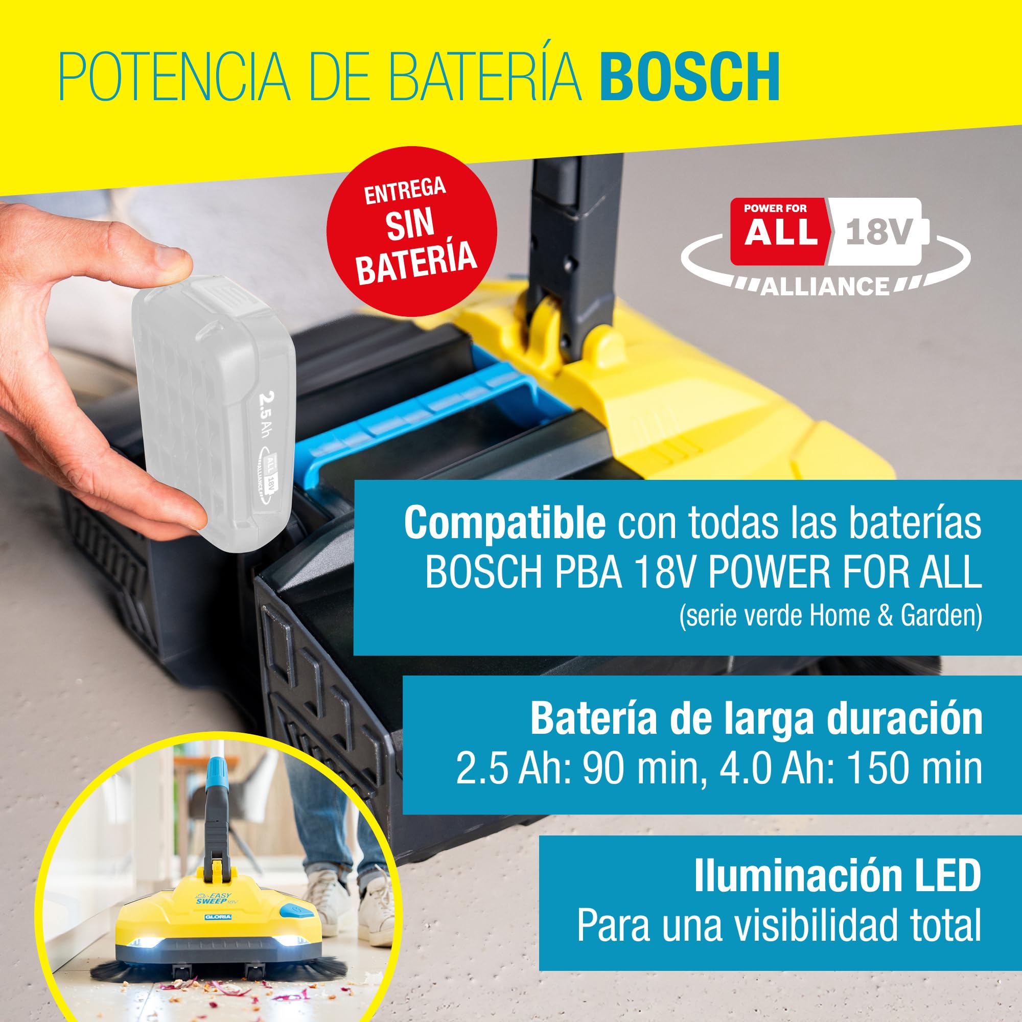 GLORIA Barredora de batería EasySweep 18V | Escoba eléctrica inalámbrica para interior y exterior | Entradas, aceras, terrazas, garajes y hojas | Compatible con Batería BOSCH 18V (no incluida)