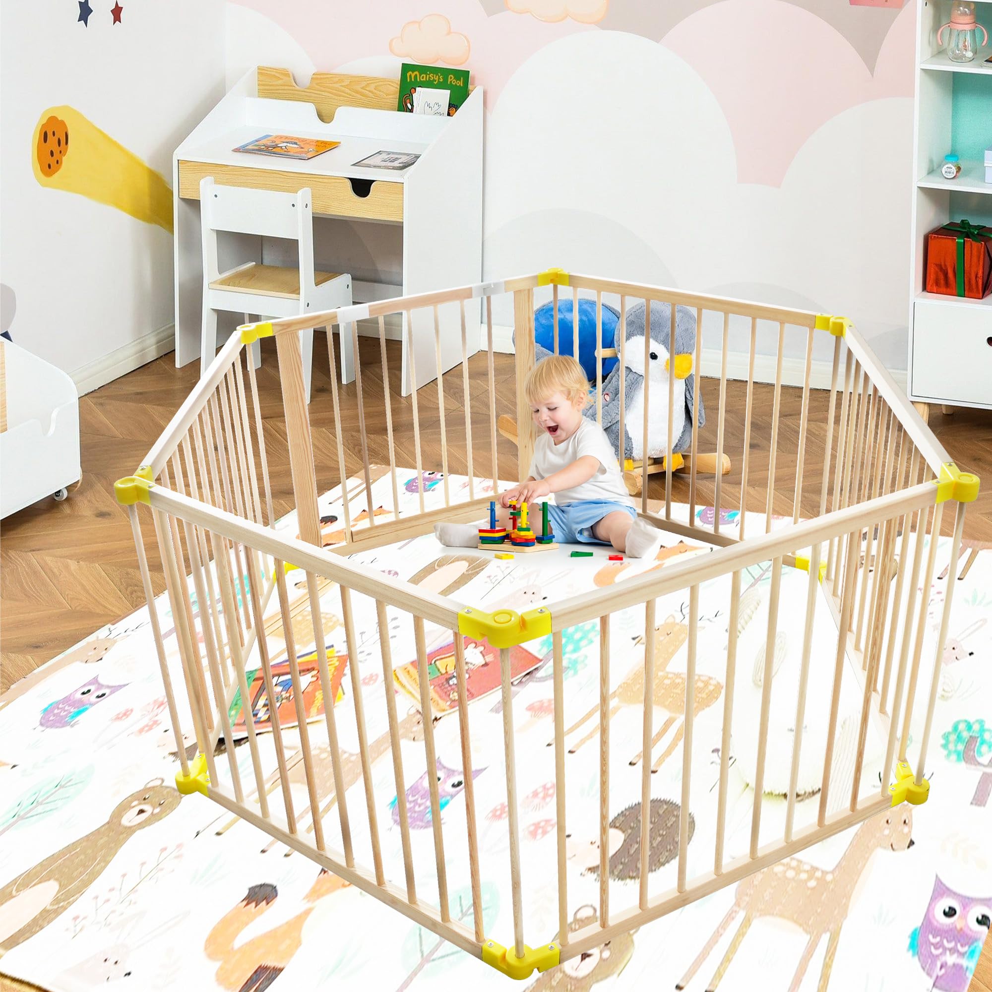 Folding Wooden Baby Playpen with Gate, Safe Material Toddler Play Yards, Portable Baby Fence with Anti-Slip Bases and 27.6'' Height, Ideal for Babies