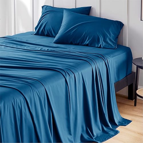Bedsure California King Sheet Sets, Cooling Sheets, Rayon Derived from Bamboo, Breathable & Soft, Deep Pocket Up to 16 Inches, Hotel Luxury Silky Bedding for Hot Sleepers, Peacock Blue