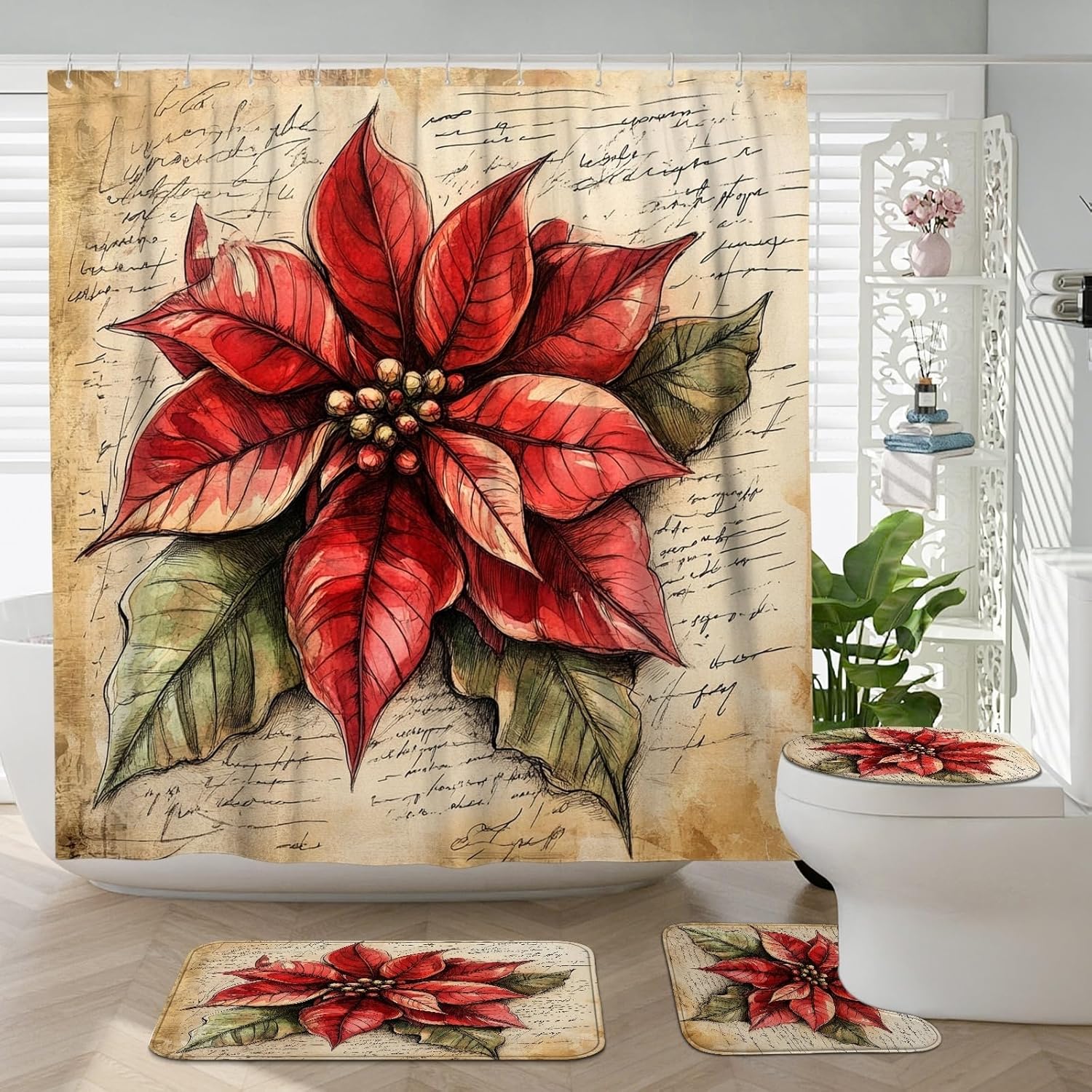 4PCS Christmas Poinsettia Bathroom Sets, Bath with Non-Slip Rug, U Shape Toilet Lid Cover Mat, Vintage Farmhouse Xmas Bathroom Decor-72''x72''