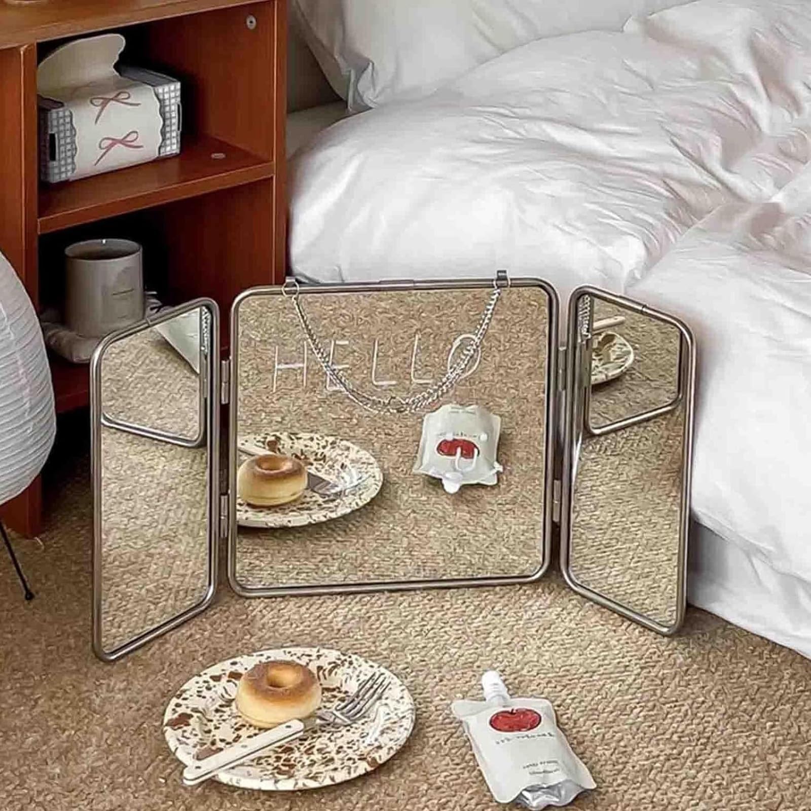 Miroir Carré Pliable De 30cm, Mural Miroir 3 Faces，Moderne avec Cadre Et Chaîne en Acier Inoxydable, Décoratif À Suspendre，Haute Définition