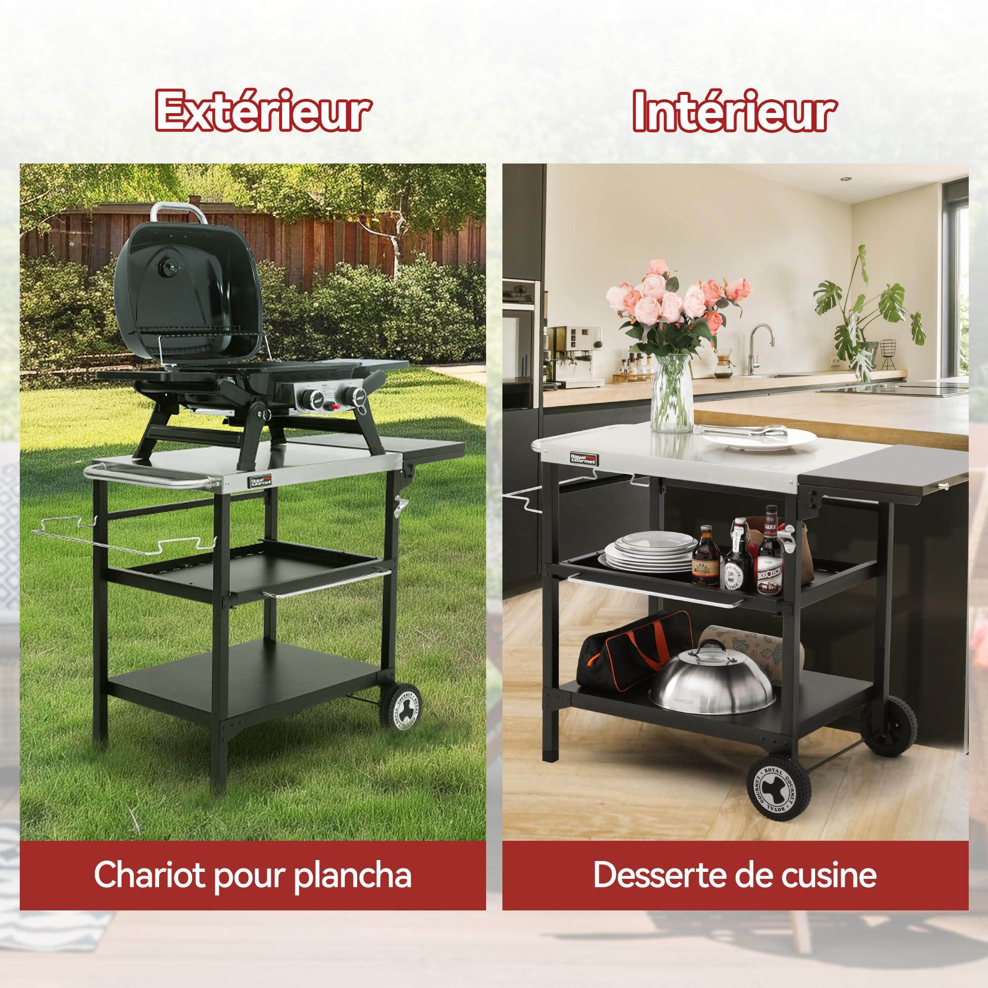 Royal Gourmet Postre Exterior para Plancha, 3 estantes Carro para Barbacoa con Mesa de Acero Inoxidable 70 x 50 cm y Mesa Auxiliar Plegable de 30 x 50 cm, Apto para Cocina y jardín