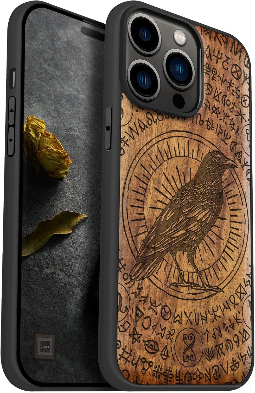 Carveit Magnetic Wood Case for iPhone 14 Pro Max [Natural Wood & Black Soft TPU] Unique & Classy Wooden Shockproof Protective Cover Compatible with magsafe (Witchcraft Raven -Walnut)