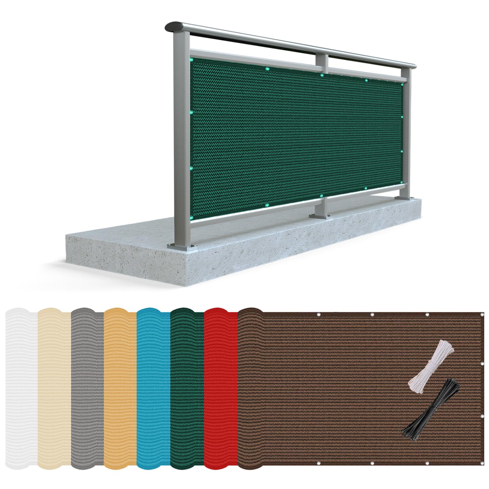 Copri Ringhiera Balcone 215 x 1000 cm Tessuto HDPE da 220 G/M², Leggera e Durevole, Recinzione Copri Ringhiera Balcone con Funi e Fascette per Recinzione, Esterni, Terrazzo, Verde