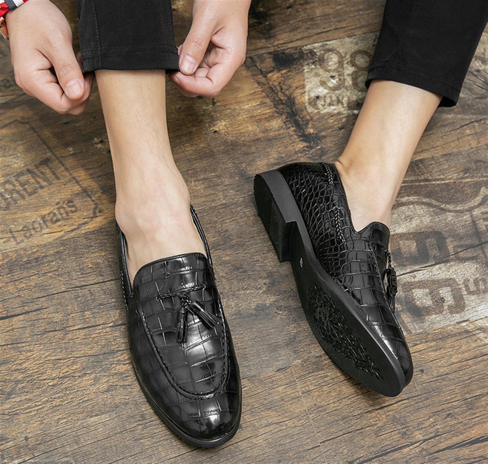 Mocasines Hombre Estampado Cocodrilo con Borlas Zapatos Vestir Piel Sin Cordones Formal Boda Oficina Negocios