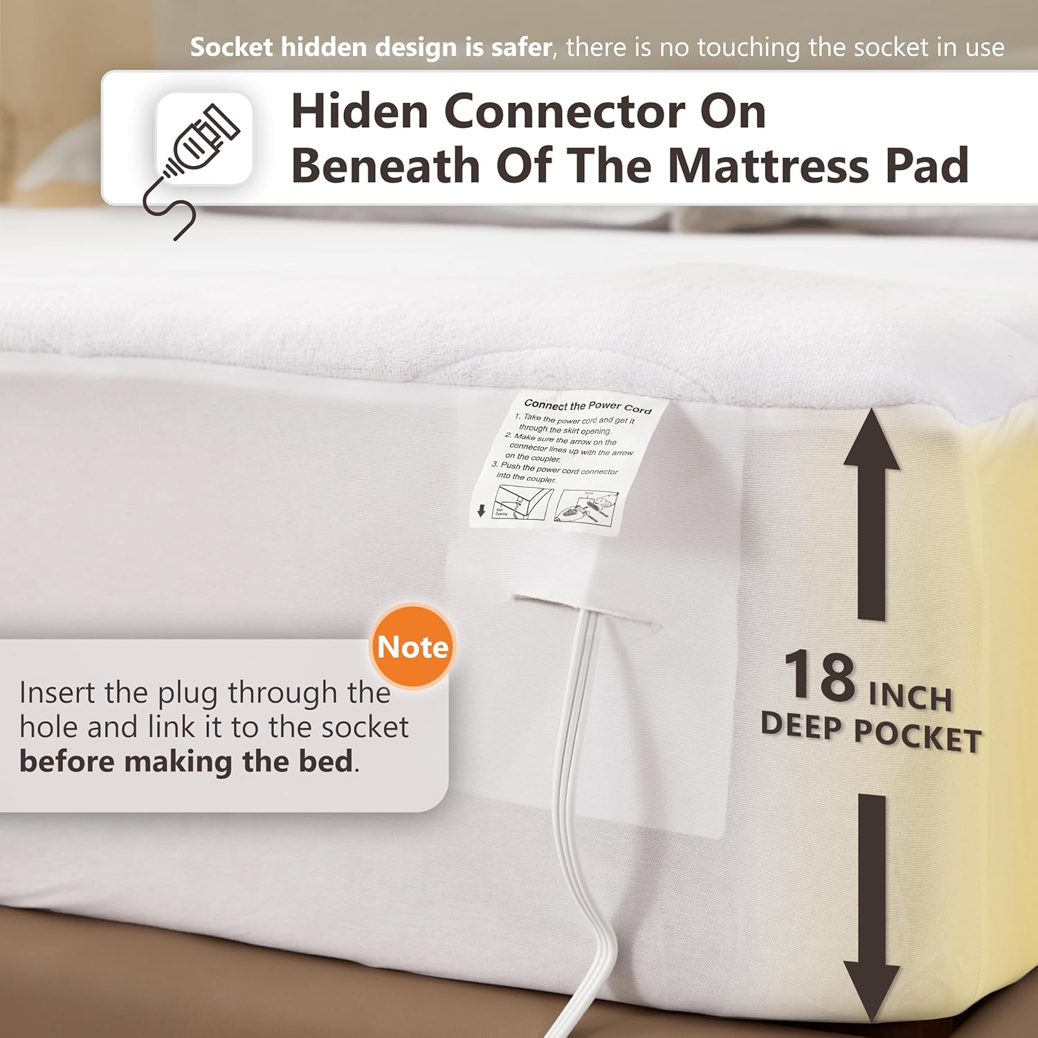 Wapaneus Quilted Wave Heated Mattress Pad Queen Size 10 Heat Settings & Dual Control with 1-12 Hours Auto Off,Deep Pocket Fits up to 18",Coral Fleece Bed Warmer,ETL Listed Machine Washable,60"x80" - Image 5