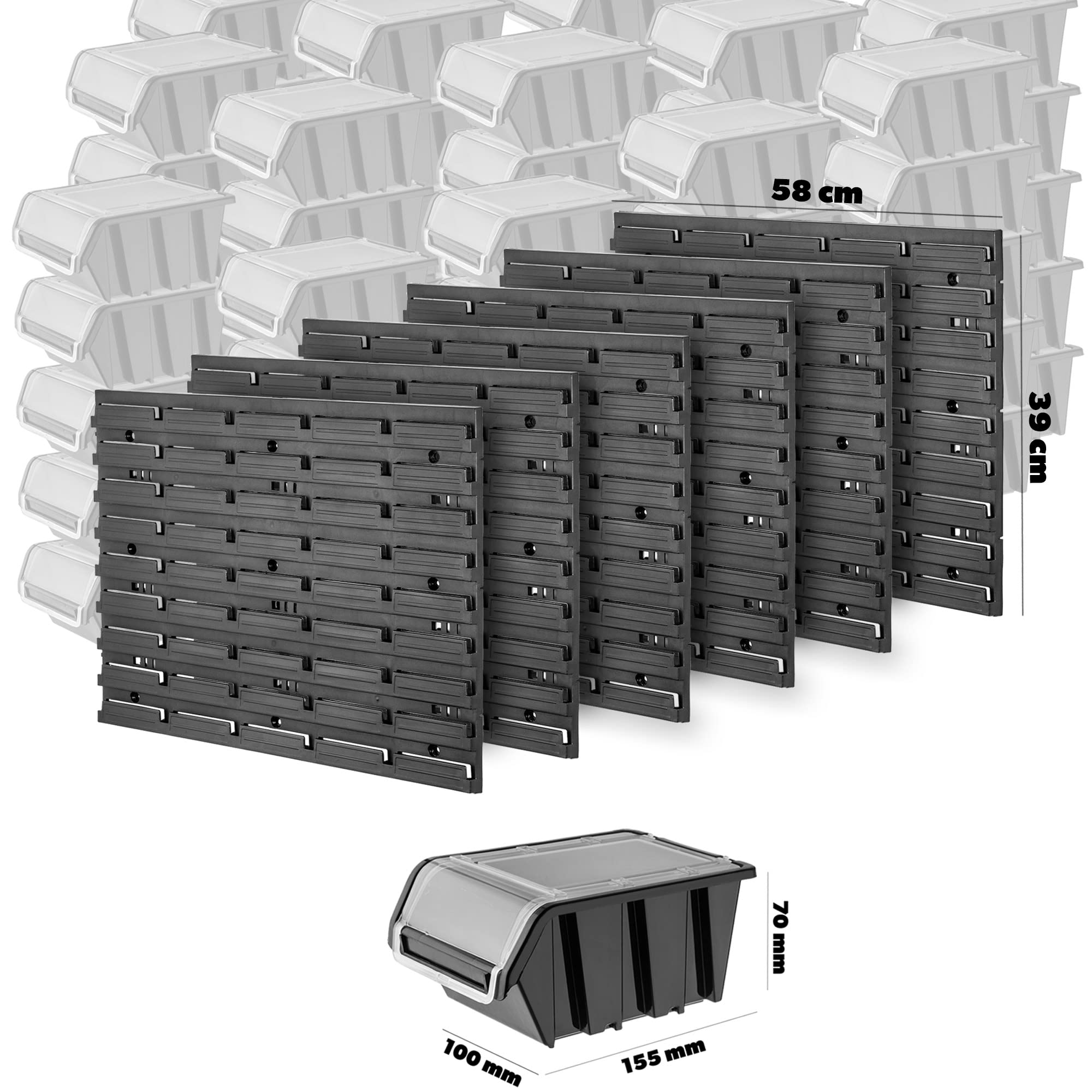 KADAX Werkzeugwandregal Groß, 174x78cm Lagersystem aus robustem Kunststoff, UV-Resistentes Modul-System, Erweiterbare Wandplatten, Werkstattregal für Garage (Schwarz, 135 TLG.)